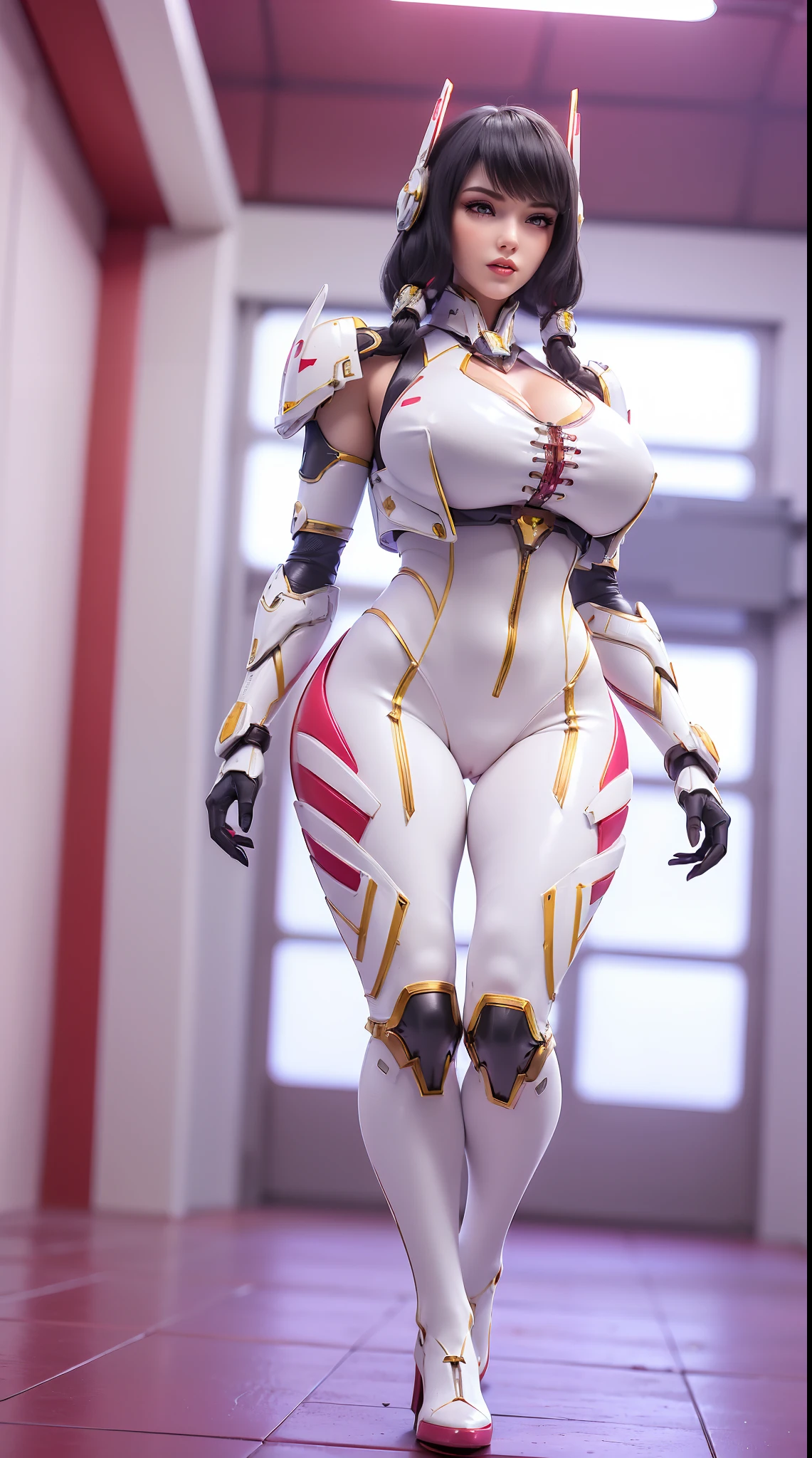 (1GIRL,SOLO:2), (super detailed face), ((BIG BUTTOCKS, HUGE FAKE BREASTS:1.5)), (CLEAVAGE TOP:1.5), (MUSCLE ABS FEMALE:1.4), (MECHA GUARD ARM:1.4), ((WEAR MAGENTA RED WHITE OVERWATCH MECHANICAL ARMOR CROP TOP, BLACK MECHANICAL SKINTIGHT SUIT PANTS, MECHA GUARD ARMOR LEGS, HIGH HEELS:1.5)), (LEWD VOLUPTUOUS BODY:1.3), (GLOSSY SKIN:0.8), (LONG LEGS, FULL BODY:1.1), (LOOKING AT VIEWER:1.3), (female focus:0.886), (WALKING DOWN HALLWAY OF FUTURISTIC SPACE STATION:1), (BRIGHT LIGHT WHITE_ROOM:1.3), SUPER TEXTURE, UNREAL ENGINE RENDER, PHYSICALLY-BASED RENDERING, ULTRA HIGHT DEFINITION, 16K, 1080P.