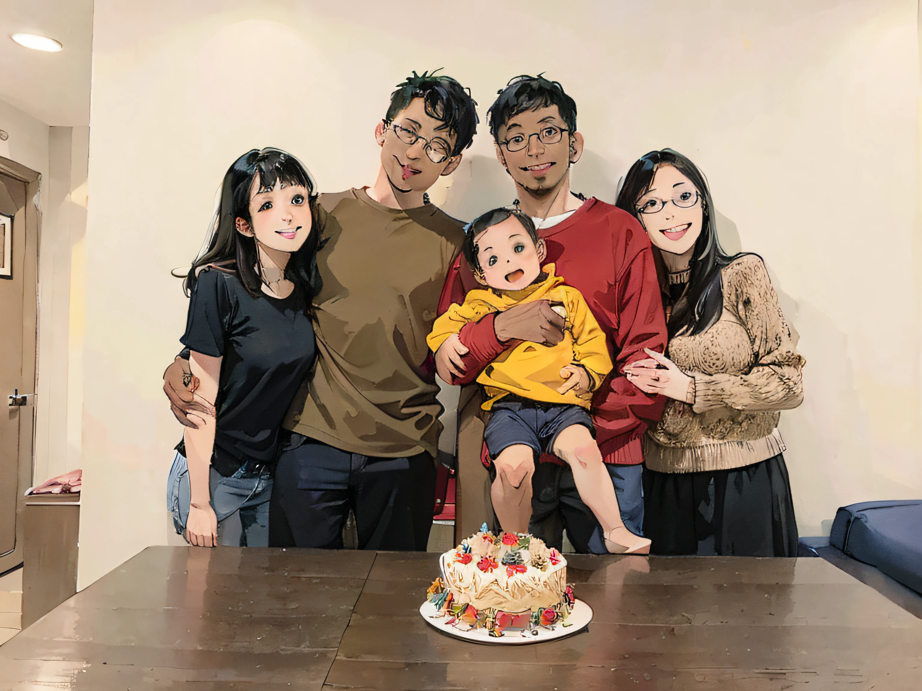 Family portrait of a family of five, with husband, wife, son, and two friends, High quality images, Family portraits, High quality portraits