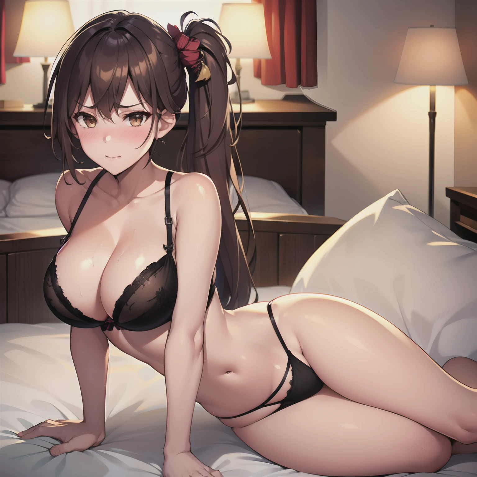 1girl,big breasts,hotel room,(8k),scratches,detailed face,brown hair,brown eyes,very long hair,embarassed,shy,blush, high_res, high_definition,sexy pose,black sexy lingerie,full body,side ponytail,hair ornament,