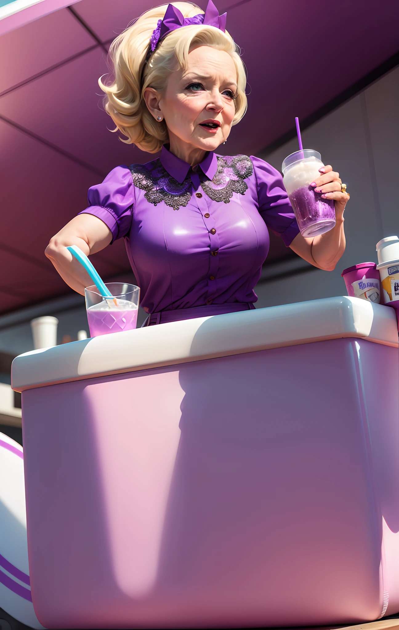 Betty white drinking purple sprite out of a double Styrofoam cup