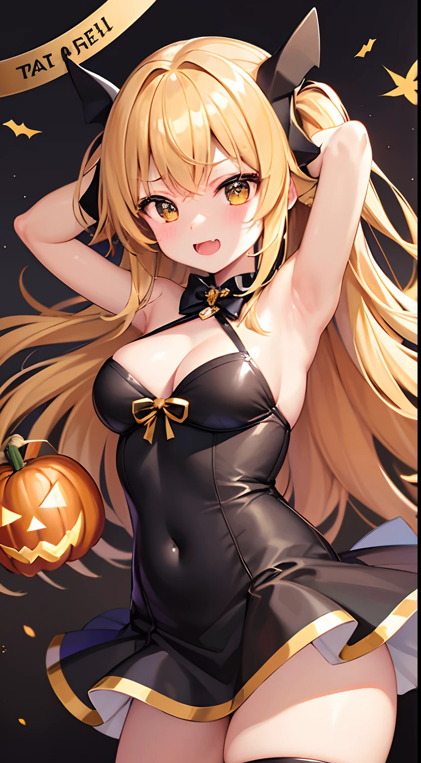 hight resolution、hightquality、ultra-detailliert、8k wallpaper、1人の女性、adult-like、Beautiful fece、Wearing a shark costume、Teeth are shark fangs、Kamimei、Melancholy is in the air、Lovers feeling、Be loved、Familiarity、Lots of gold and black、Gold and black background、a blond、Sprinkled with Halloween pumpkins