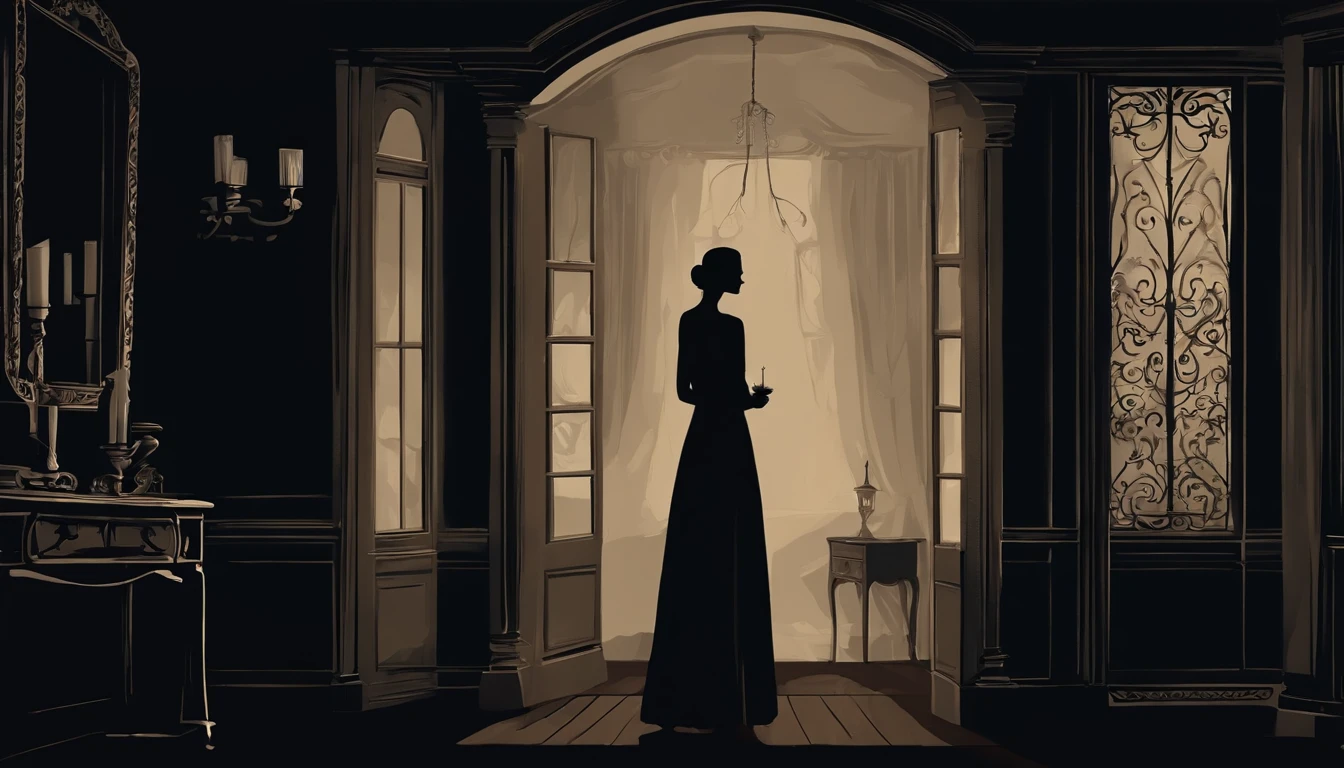 ```(("Enigmatic Presence: Woman in a Dark and Spooky House")) in a mysterious and atmospheric composition. Depict a woman standing in the dimly lit interior of a spooky house, her silhouette shrouded in shadows. Capture the eerie ambiance, with flickering candlelight casting unsettling and enigmatic patterns on the walls. Emphasize the decaying state of the house – creaky floorboards, tattered curtains, and dust-covered furniture – adding to the haunted atmosphere. Convey a sense of trepidation and curiosity, as the woman bravely explores the enigmatic depths of the mysterious dwelling. Use an art style that exudes a sense of eerie luminosity and shadowy contrasts, employing (((subdued, desaturated colors and flickering light))) to create a visually captivating portrayal of the woman in the dark and spooky house, capturing the blend of fear and intrigue in the scene.
```