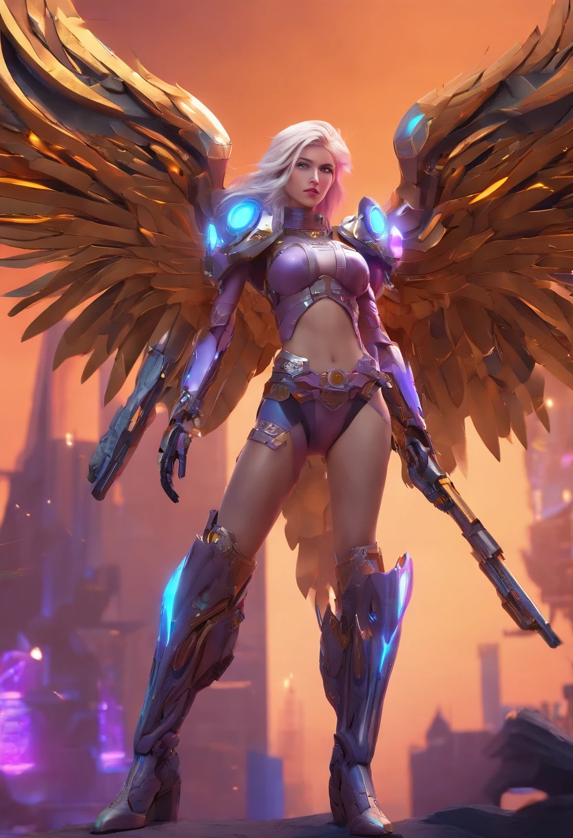 (masterpiece, top quality, best quality, official art, beautiful and aesthetic:1.2), (1girl:1.3), extremely long curly golden hair, extremely detailed, portrait, looking at viewer, solo, (full body:0.6), detailed background, close up, (cool science fiction space theme:1.1), extremely busty valkyrie, charlatan, mysterious, shooting lasers in space, cybernetic angel, huge feathered wings, chrome boob armor, dark purple streamers and skirts and sleeves and knee wrappings, cybernetic implants, mechanical hand, laser cannon, arm cannon, revealing chrome armor, bare midriff, glowing laser energy, halo, intricate armor, ornate chrome armor, sheer white fabric, elegant purple fabric, skirts, streamers, cowl, boots, bracers, ((((gigantic breasts)))), slim waist, slim hips, long legs, athletic, SPACE, futuristic moon, (space exterior:1.1) background, dark mysterious lighting, shadows, magical atmosphere, dutch angle