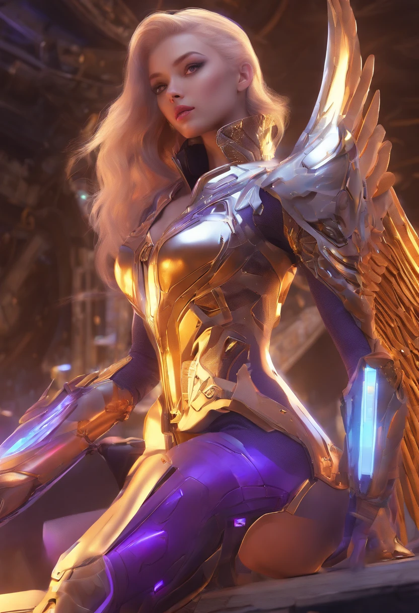 (masterpiece, top quality, best quality, official art, beautiful and aesthetic:1.2), (1girl:1.3), extremely long curly golden hair, extremely detailed, portrait, looking at viewer, solo, (full body:0.6), detailed background, close up, (cool science fiction space theme:1.1), extremely busty valkyrie, charlatan, mysterious, shooting lasers in space, cybernetic angel, huge feathered wings, chrome boob armor, dark purple streamers and skirts and sleeves and knee wrappings, cybernetic implants, mechanical hand, laser cannon, arm cannon, revealing chrome armor, bare midriff, glowing laser energy, halo, intricate armor, ornate chrome armor, sheer white fabric, elegant purple fabric, skirts, streamers, cowl, boots, bracers, ((((gigantic breasts)))), slim waist, slim hips, long legs, athletic, SPACE, futuristic moon, (space exterior:1.1) background, dark mysterious lighting, shadows, magical atmosphere, dutch angle