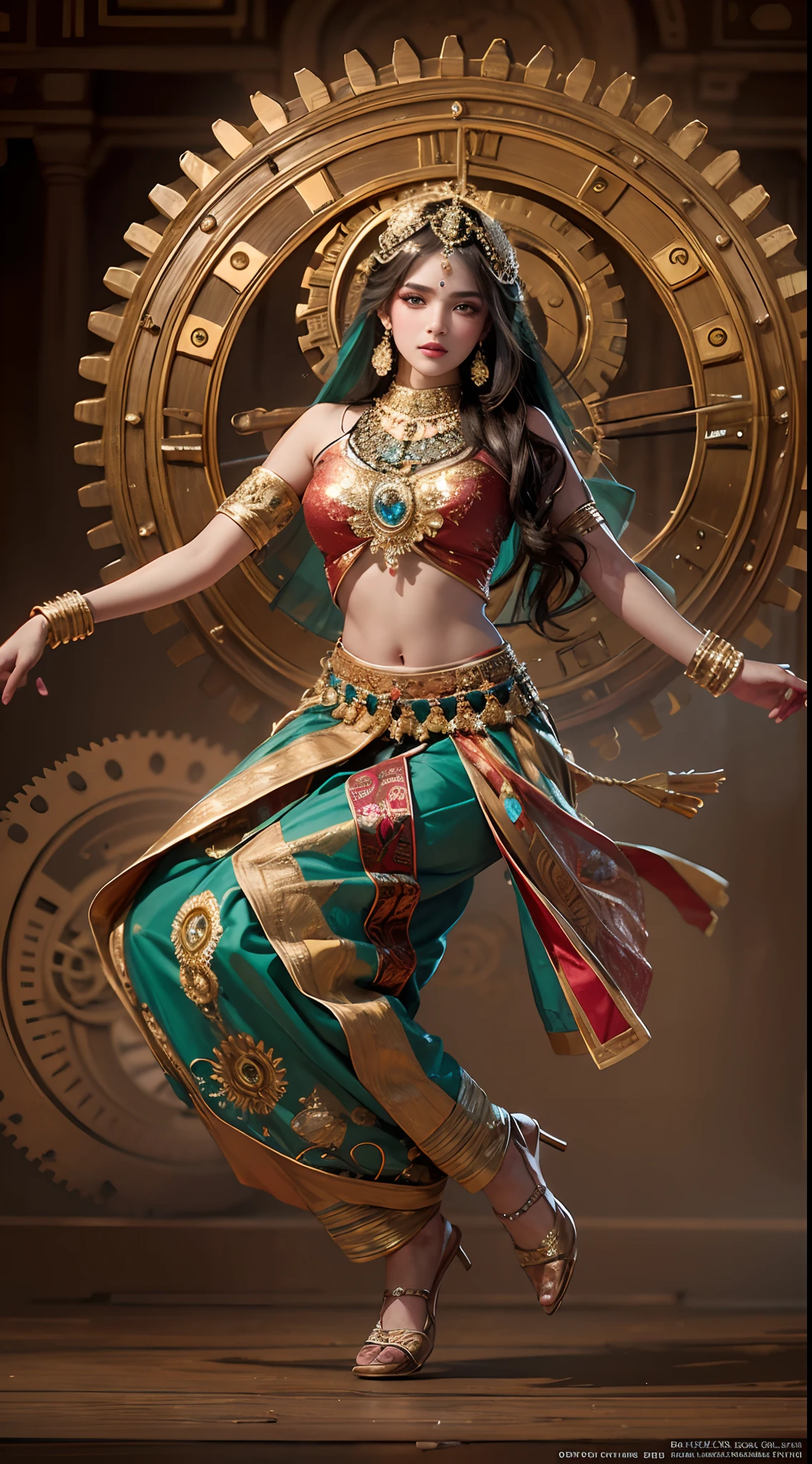 A mechanical Indian dancer,Metal color scheme,Highly detailed face and body,Sparkling eyes and vibrant makeup,ornate jewelry,Smooth and elegant movements,traditional Indian clothing,Gears and clockwork mechanisms are widely used,Ethereal backdrop with hints of Indian architecture,Professional studio lighting(Best quality:1.2),Dramatic shadows and highlights,Elegant and complex dance poses,Contrasting colors and textures,Technology blends with traditional art