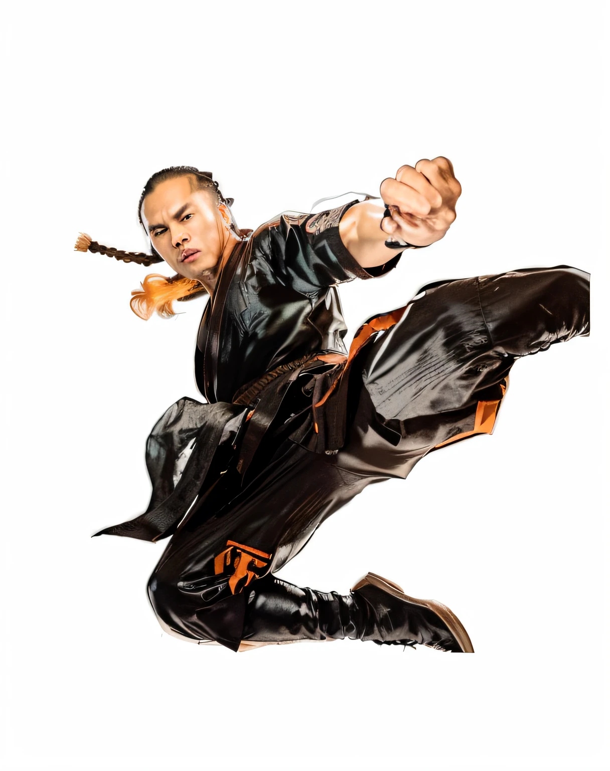 Male, Man, Masculine martial artist, Chinese, Kung fu, Man, Long braided Hair, Orange fire ackround, Black monk outfit. Karate Kick, Karate Bunch, Copy outfit in the pic, Anger expression. REMOVE BACKROUND, Black top, Black Spacious pants, Awsome Man