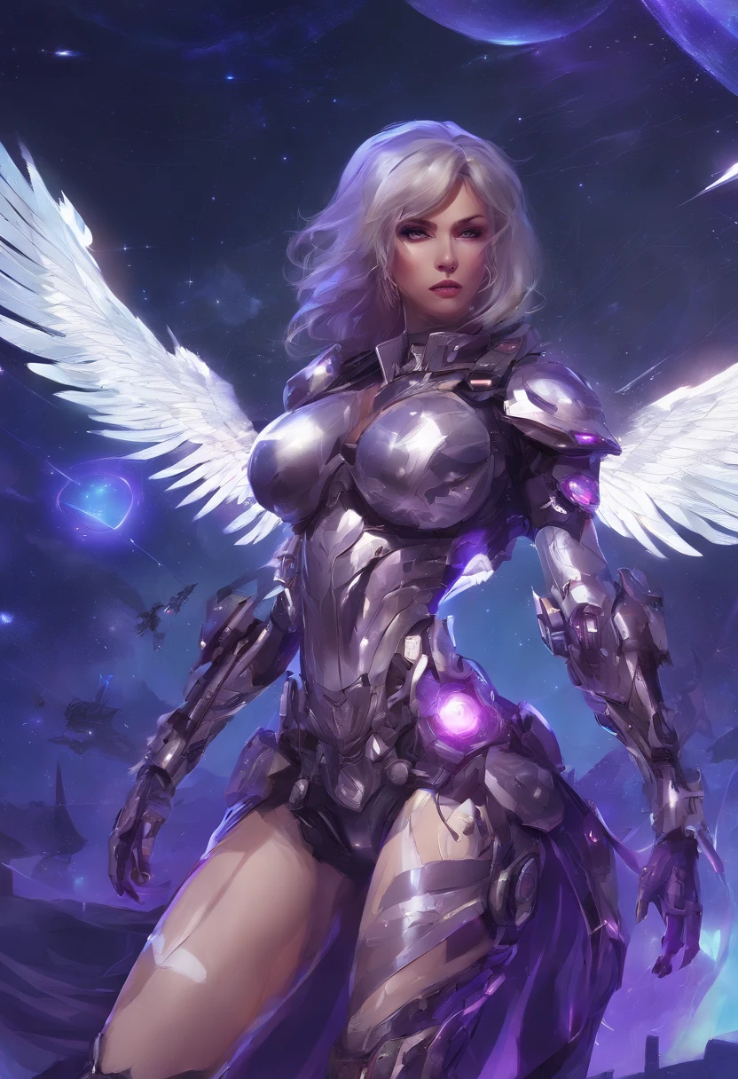 (masterpiece, top quality, best quality, official art, beautiful and aesthetic:1.2), (1girl:1.3), extremely long curly golden hair, extremely detailed, portrait, looking at viewer, solo, (full body:0.6), detailed background, close up, (cool science fiction space theme:1.1), extremely busty valkyrie, charlatan, mysterious, shooting lasers in space, cybernetic angel, huge feathered wings, chrome boob armor, dark purple streamers and skirts and sleeves and knee wrappings, cybernetic implants, mechanical hand, laser cannon, arm cannon, revealing chrome armor, bare midriff, glowing laser energy, halo, intricate armor, ornate chrome armor, sheer white fabric, elegant purple fabric, skirts, streamers, cowl, boots, bracers, ((((gigantic breasts)))), slim waist, slim hips, long legs, athletic, SPACE, futuristic moon, (space exterior:1.1) background, dark mysterious lighting, shadows, magical atmosphere, dutch angle
