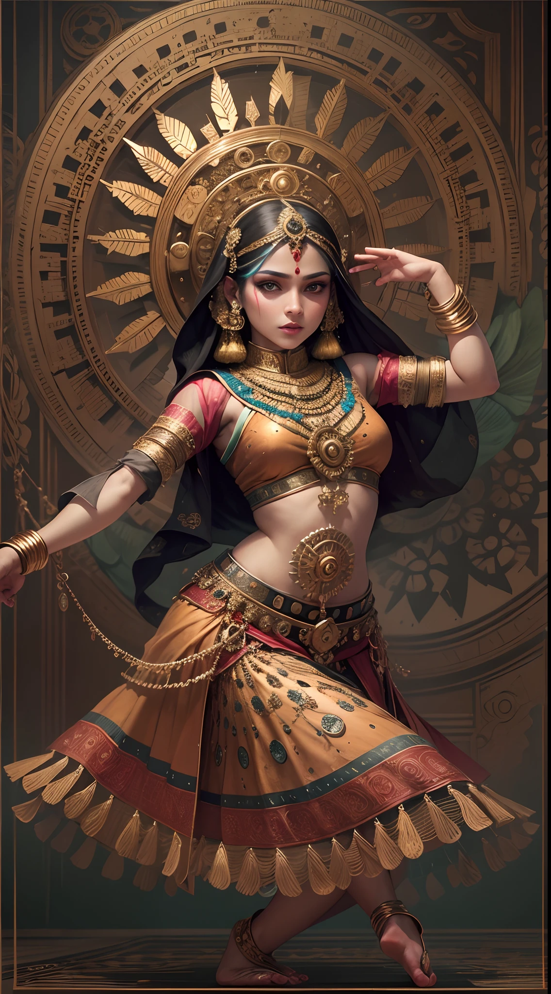 A mechanical Indian dancer,Metal color scheme,Highly detailed face and body,Sparkling eyes and vibrant makeup,ornate jewelry,Smooth and elegant movements,traditional Indian clothing,Gears and clockwork mechanisms are widely used,Ethereal backdrop with hints of Indian architecture,Professional studio lighting(Best quality:1.2),Dramatic shadows and highlights,Elegant and complex dance poses,Contrasting colors and textures,Technology blends with traditional art
