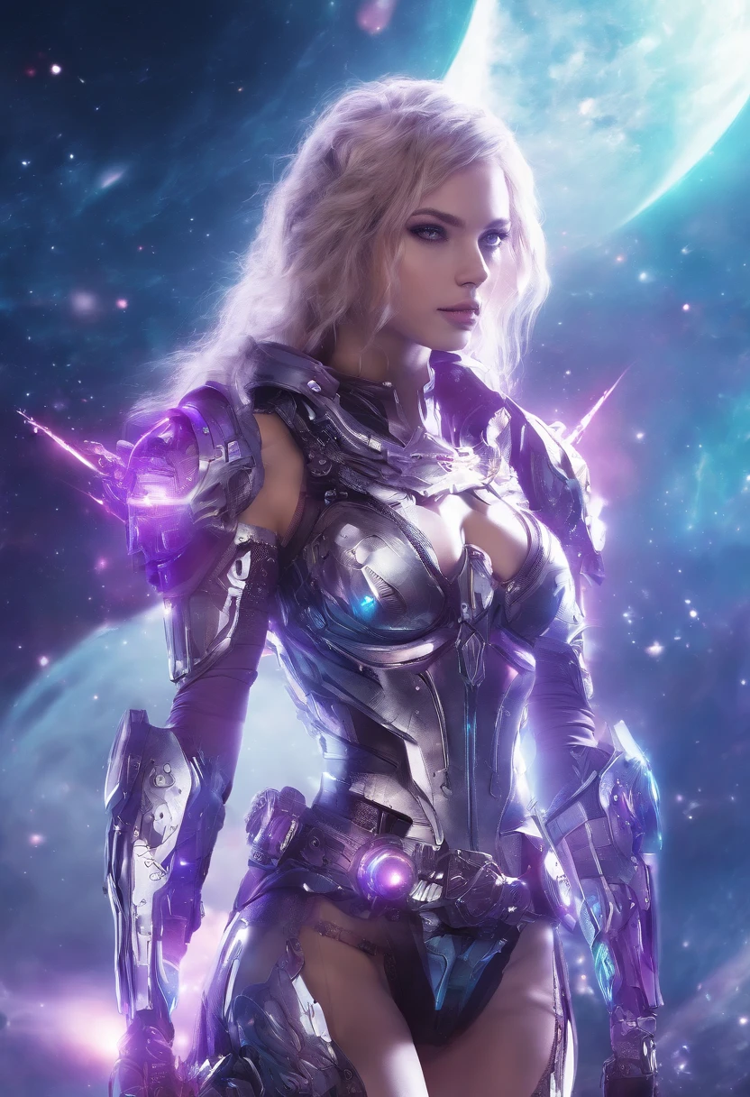 (masterpiece, top quality, best quality, official art, beautiful and aesthetic:1.2), (1girl:1.3), extremely long curly golden hair, extremely detailed, portrait, looking at viewer, solo, (full body:0.6), detailed background, close up, (cool science fiction space theme:1.1), extremely busty valkyrie, charlatan, mysterious, shooting lasers in space, cybernetic angel, huge feathered wings, chrome boob armor, dark purple streamers and skirts and sleeves and knee wrappings, cybernetic implants, mechanical hand, laser cannon, arm cannon, revealing chrome armor, bare midriff, glowing laser energy, halo, intricate armor, ornate chrome armor, sheer white fabric, elegant purple fabric, skirts, streamers, cowl, boots, bracers, ((((gigantic breasts)))), slim waist, slim hips, long legs, athletic, SPACE, futuristic moon, (space exterior:1.1) background, dark mysterious lighting, shadows, magical atmosphere, dutch angle