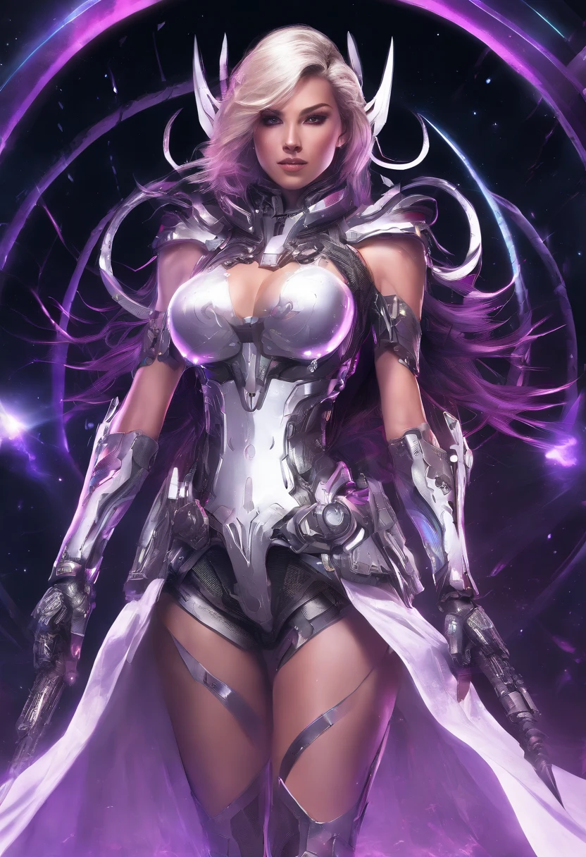 (masterpiece, top quality, best quality, official art, beautiful and aesthetic:1.2), (1girl:1.3), extremely long curly golden hair, extremely detailed, portrait, looking at viewer, solo, (full body:0.6), detailed background, close up, (cool science fiction space theme:1.1), extremely busty valkyrie, charlatan, mysterious, shooting lasers in space, cybernetic angel, huge feathered wings, chrome boob armor, dark purple streamers and skirts and sleeves and knee wrappings, cybernetic implants, mechanical hand, laser cannon, arm cannon, revealing chrome armor, bare midriff, glowing laser energy, halo, intricate armor, ornate chrome armor, sheer white fabric, elegant purple fabric, skirts, streamers, cowl, boots, bracers, ((((gigantic breasts)))), slim waist, slim hips, long legs, athletic, SPACE, futuristic moon, (space exterior:1.1) background, dark mysterious lighting, shadows, magical atmosphere, dutch angle