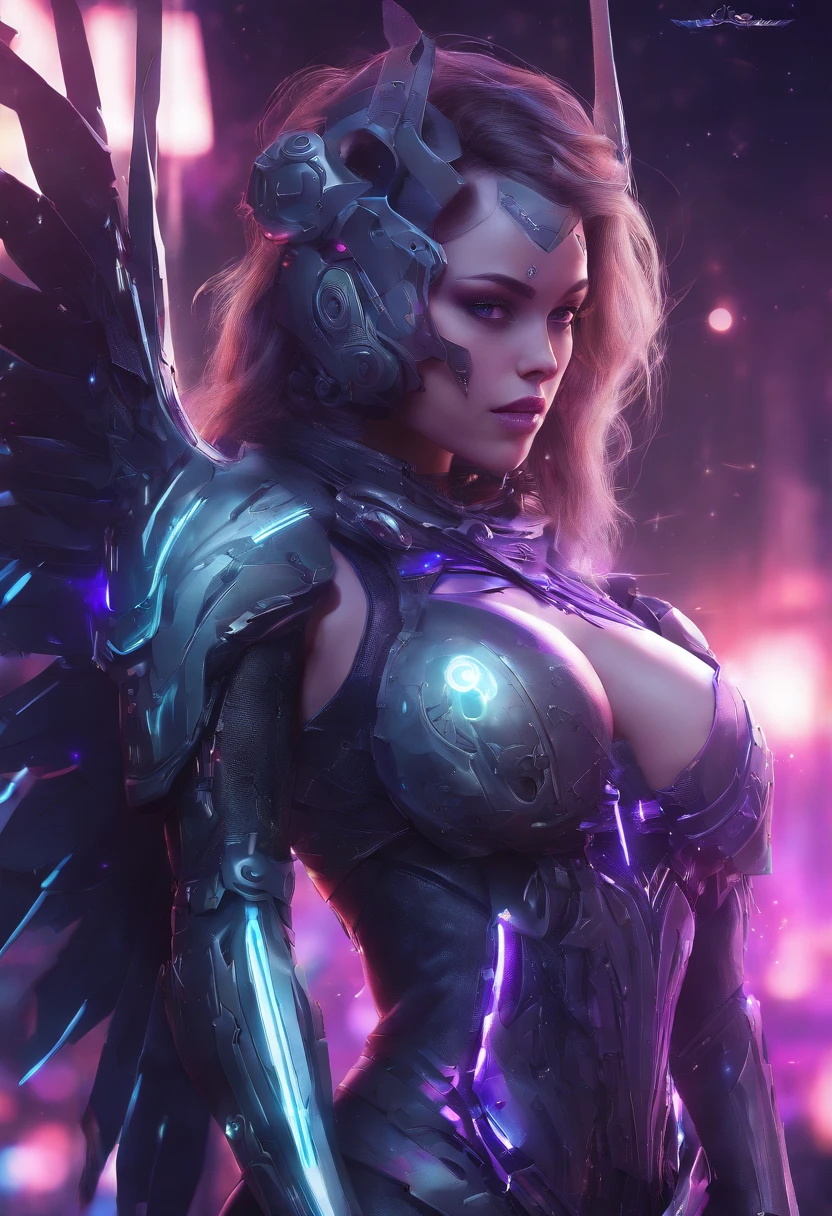 (masterpiece, top quality, best quality, official art, beautiful and aesthetic:1.2), (1girl:1.3), extremely long curly golden hair, extremely detailed, portrait, looking at viewer, solo, (full body:0.6), detailed background, close up, (cool science fiction space theme:1.1), extremely busty valkyrie, charlatan, mysterious, shooting lasers in space, cybernetic angel, huge feathered wings, chrome boob armor, dark purple streamers and skirts and sleeves and knee wrappings, cybernetic implants, mechanical hand, laser cannon, arm cannon, revealing chrome armor, bare midriff, glowing laser energy, halo, intricate armor, ornate chrome armor, sheer white fabric, elegant purple fabric, skirts, streamers, cowl, boots, bracers, ((((gigantic breasts)))), slim waist, slim hips, long legs, athletic, SPACE, futuristic moon, (space exterior:1.1) background, dark mysterious lighting, shadows, magical atmosphere, dutch angle