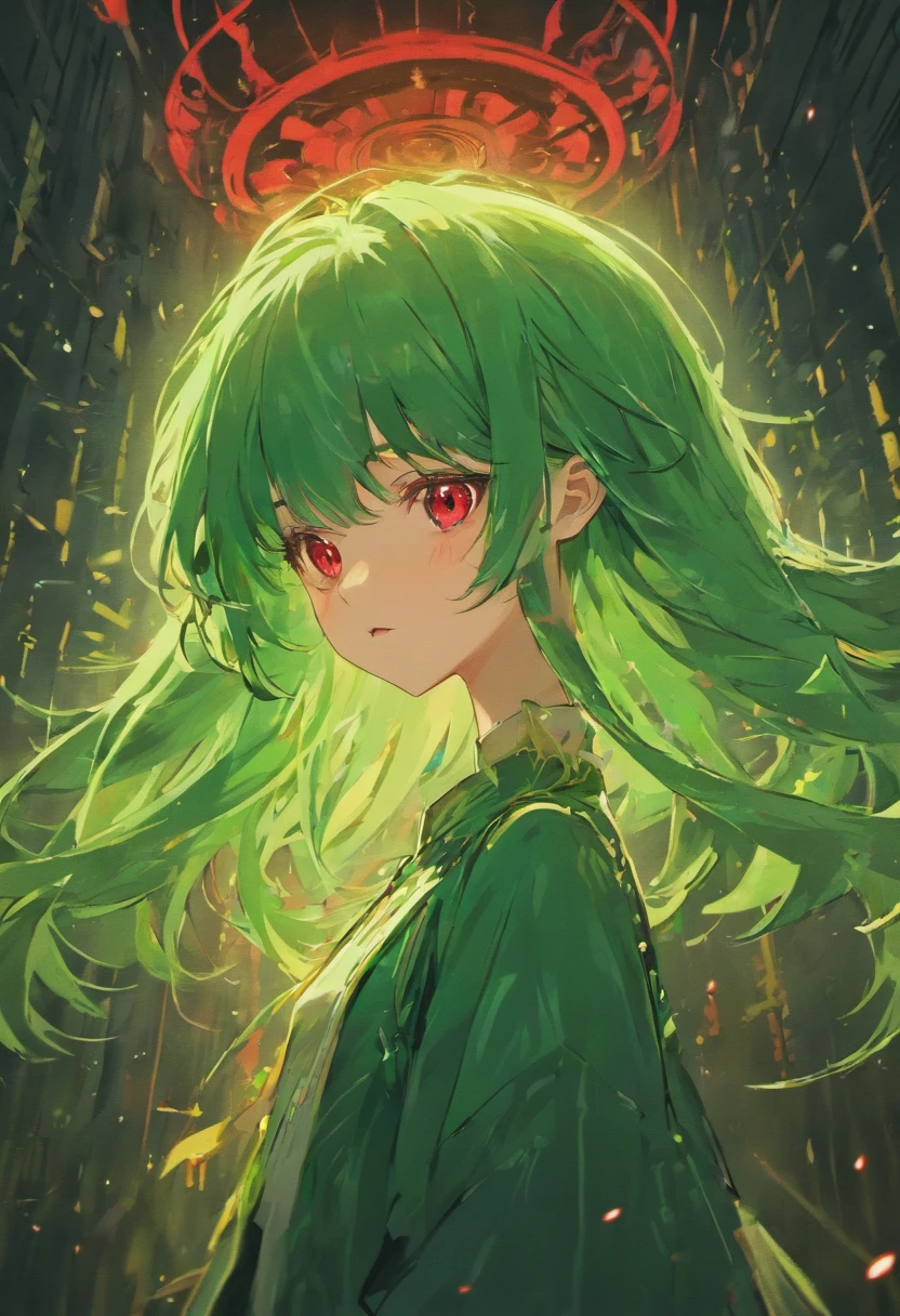 Green haired girl with red eyes