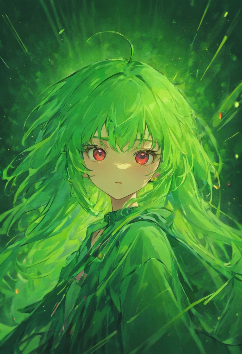 Green haired girl with red eyes