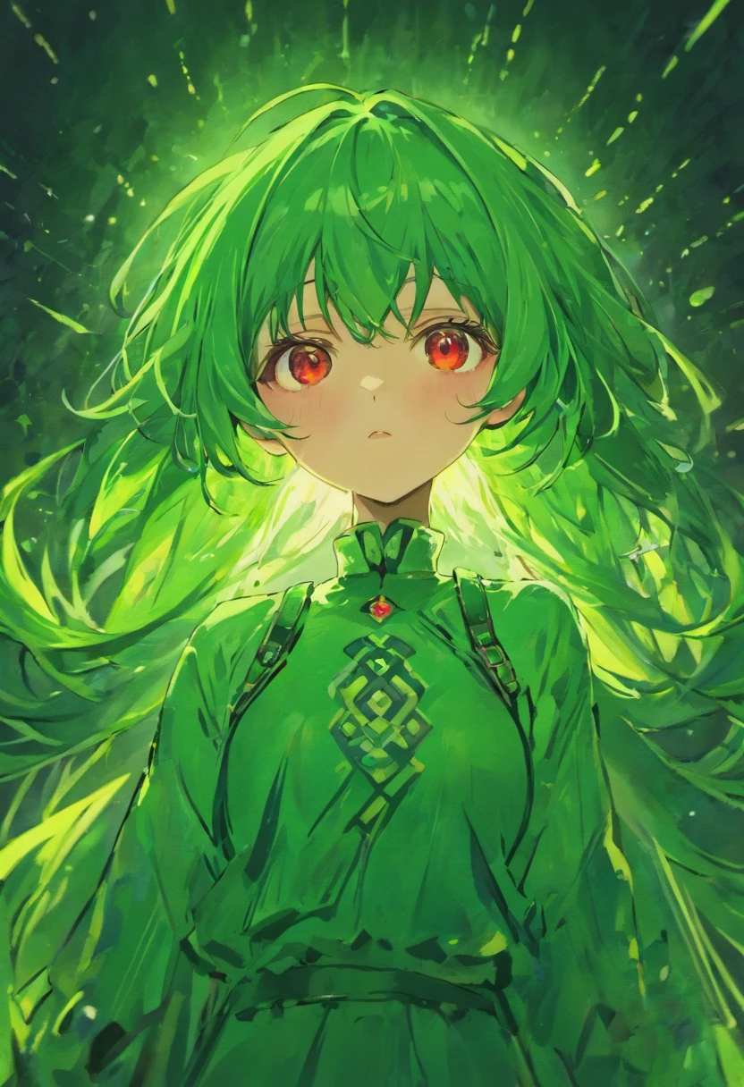 Green haired girl with red eyes