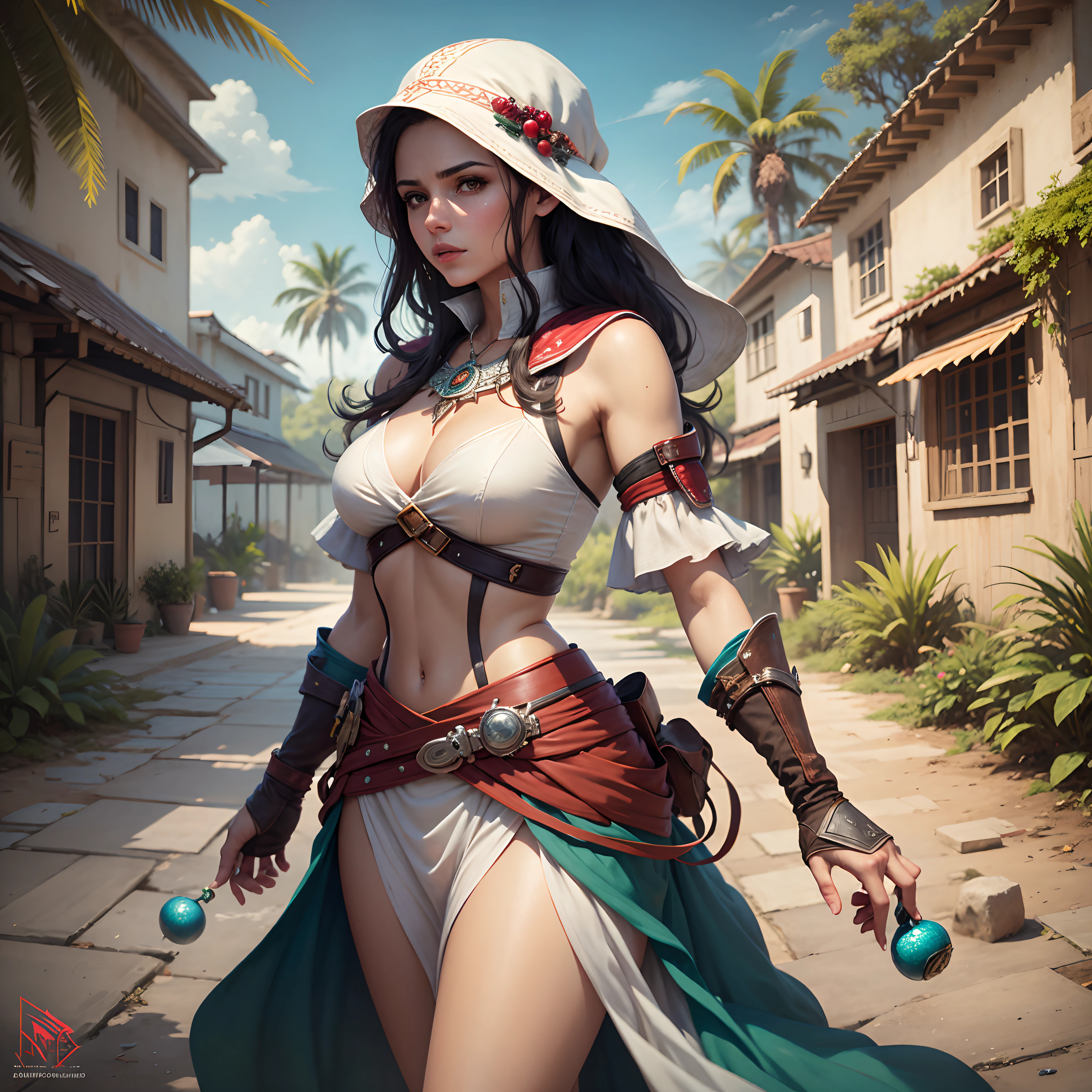 Crie uma imagem que destaque a beleza de Kassandra, personagem feminina do jogo 'Assassin's Creed', along with your eagle companion in a setting evocative of the game, nas belas praias de areias brancas, with pomegranate trees laden with fruits, ela aparece de corpo inteiro na beira da praia