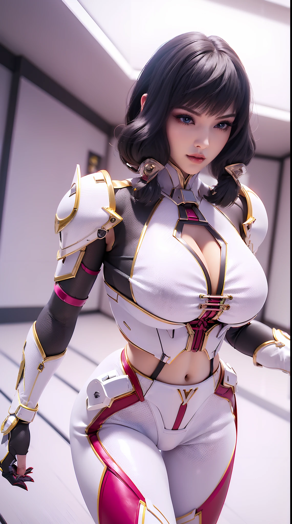 (1GIRL,SOLO:2), (super detailed face), ((BIG BUTTOCKS, HUGE FAKE BREASTS:1.5)), (CLEAVAGE TOP:1.5), (MUSCLE ABS FEMALE:1.4), (MECHA GUARD ARM:1.4), ((WEAR MAGENTA RED WHITE OVERWATCH MECHANICAL ARMOR CROP TOP, BLACK MECHANICAL SKINTIGHT SUIT PANTS, MECHA GUARD ARMOR LEGS, HIGH HEELS:1.5)), (LEWD VOLUPTUOUS BODY:1.3), (GLOSSY SKIN:0.8), (LONG LEGS, FULL BODY:1.1), (LOOKING AT VIEWER:1.3), (female focus:0.886), (WALKING DOWN HALLWAY OF FUTURISTIC SPACE STATION:1), (BRIGHT LIGHT WHITE_ROOM:1.3), SUPER TEXTURE, UNREAL ENGINE RENDER, PHYSICALLY-BASED RENDERING, ULTRA HIGHT DEFINITION, 16K, 1080P.