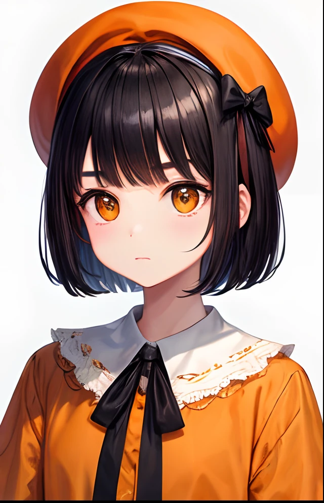 girl with、No background、without background、Background through、Black hair、A dark-haired、short-cut、bob cuts、Subject bangs、Pattsun bangs、Aligned bangs、Sareme、Saggy eyebrows、Takuambi、Marovi、Round eyebrows、Orange-eyed、Orange Eyes、Orange-eyed beret、bow ribbon、Orange skirt、white shirt、autumnal、kawaii、No background、