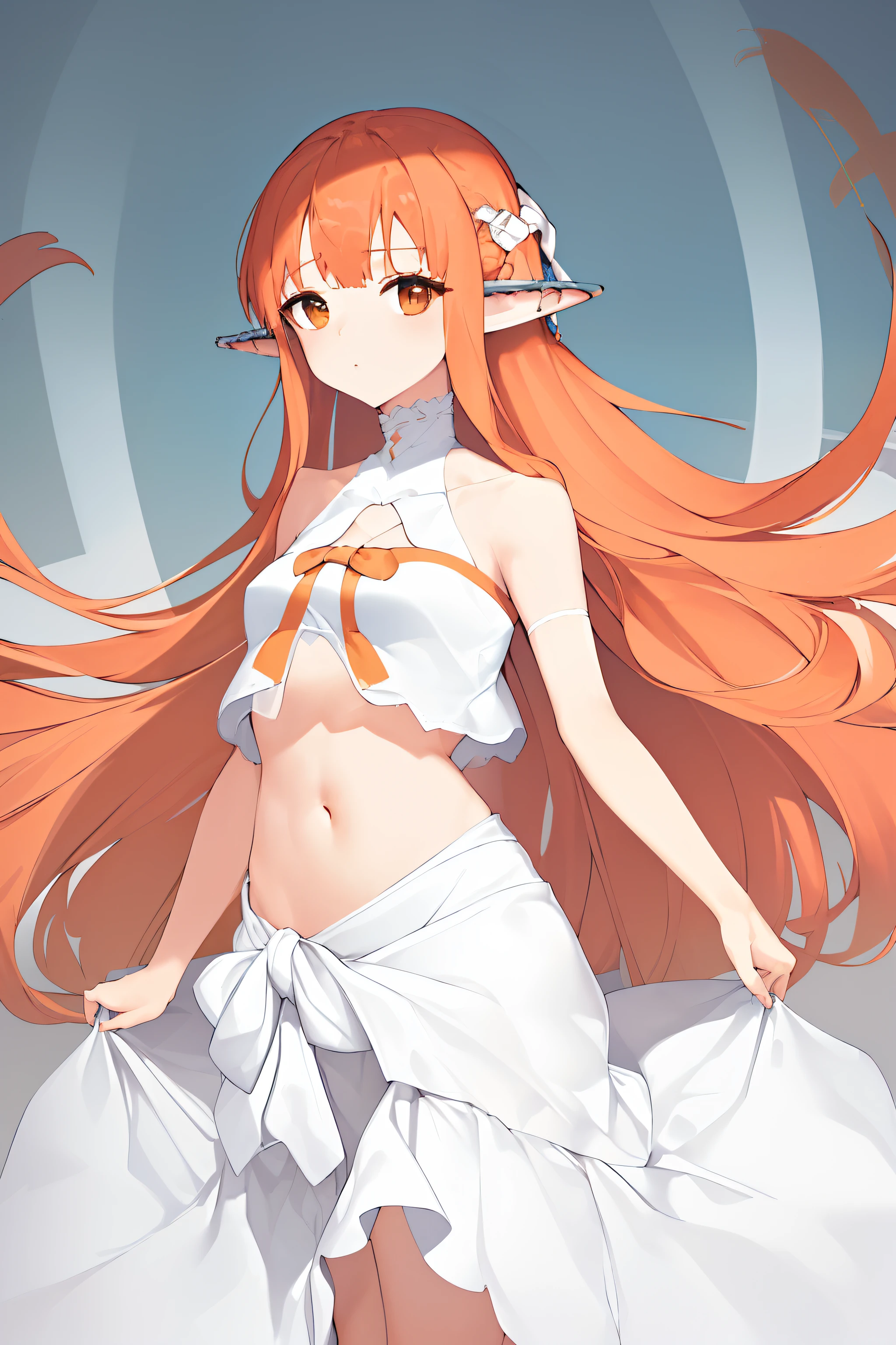masterpiece, best quality, white dress, crop top, white fabric armlet, detached sleeves, (bare arms:1.1), navel, midriff, bare shoulders, red ribbon, pointy ears, ear cover, orange hair, brown eyes,