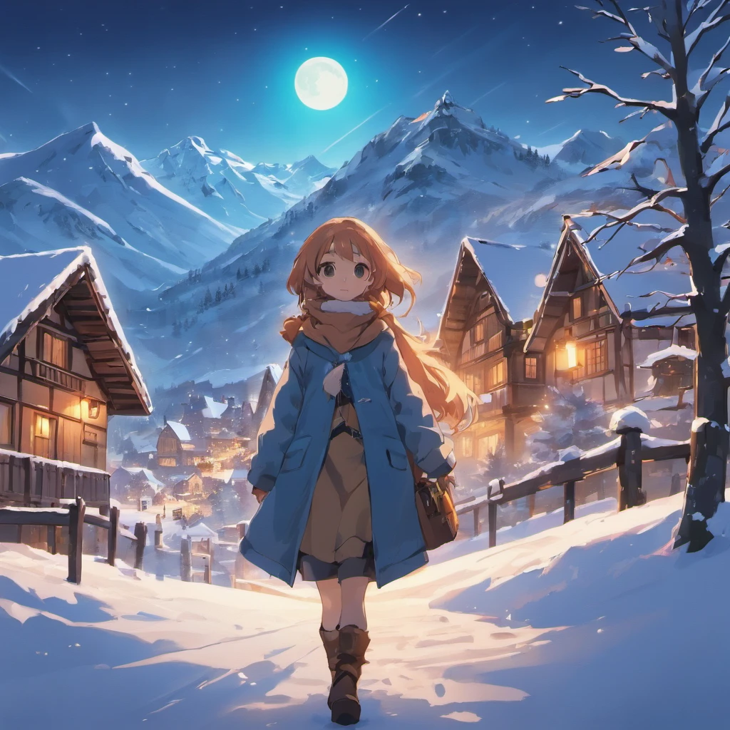 (best quality,4k,8k,highres,masterpiece:1.2),winter landscape,Swiss Alps,medieval era small village,pine trees,full moon illuminating the village,few stars visible in the sky.