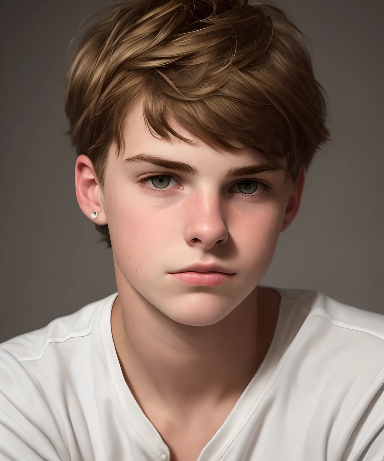 Make a realistic 17yo boy portrait he has a sad deep look and his eyes are amber.He has short light brown hair