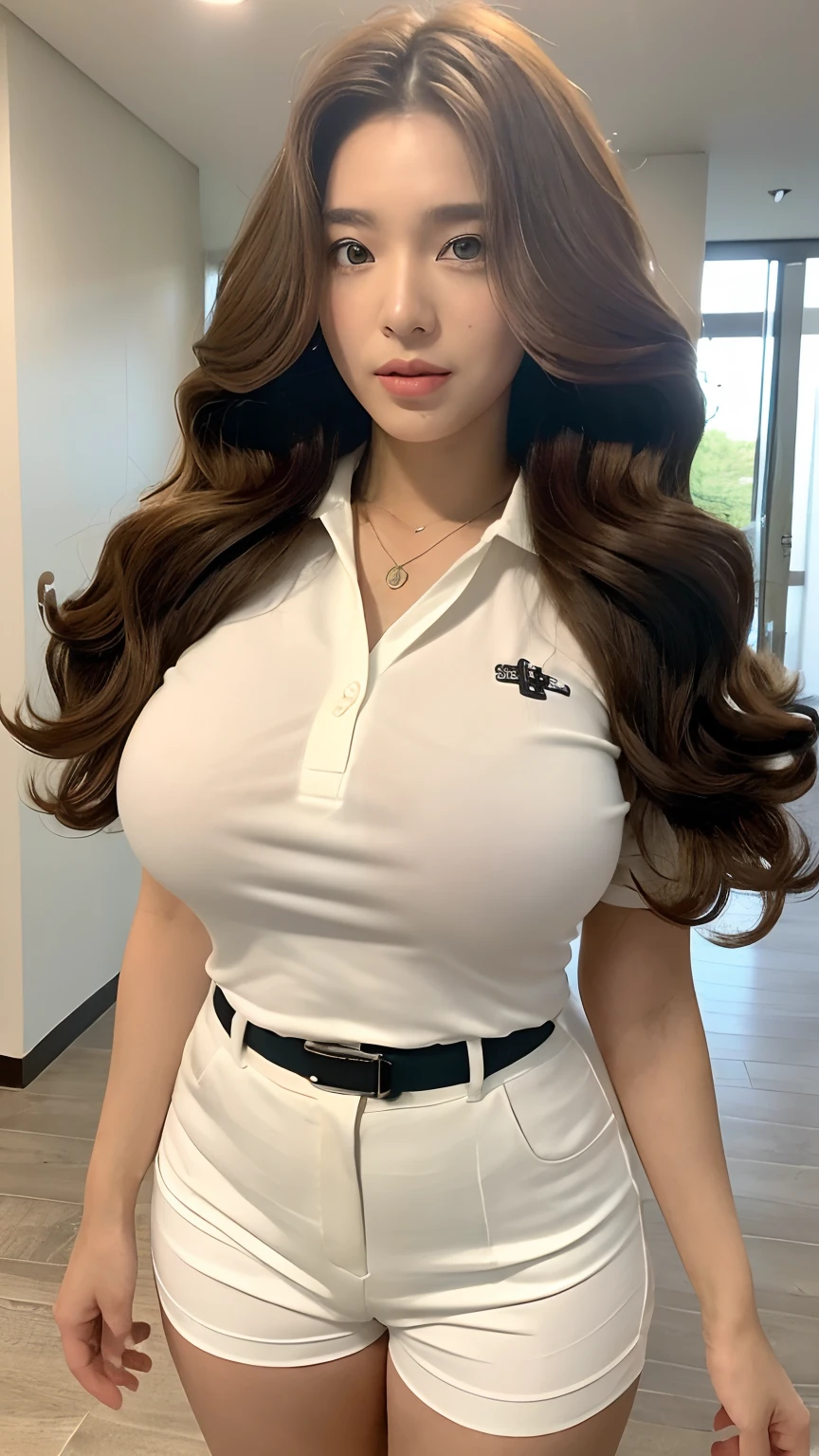 ((best qualtiy, 8K, tmasterpiece:1.3)), Focus:1.2, perfect figure beautiful woman:1.4, Cocked buttocks:1.2, ((Random Long Thick Diva Hairstyle) ((Brown Wavy Hair In Big Curls))(Long white legs:1.3,(Polo shirt With Shorts:1.2) , (inside in room: 1.2), Highly detailed facial and skin texture, A detailed eye, 二重まぶた,Whiten skin,(Straight big breasts:1.3), looking at camera, Wear a necklace,