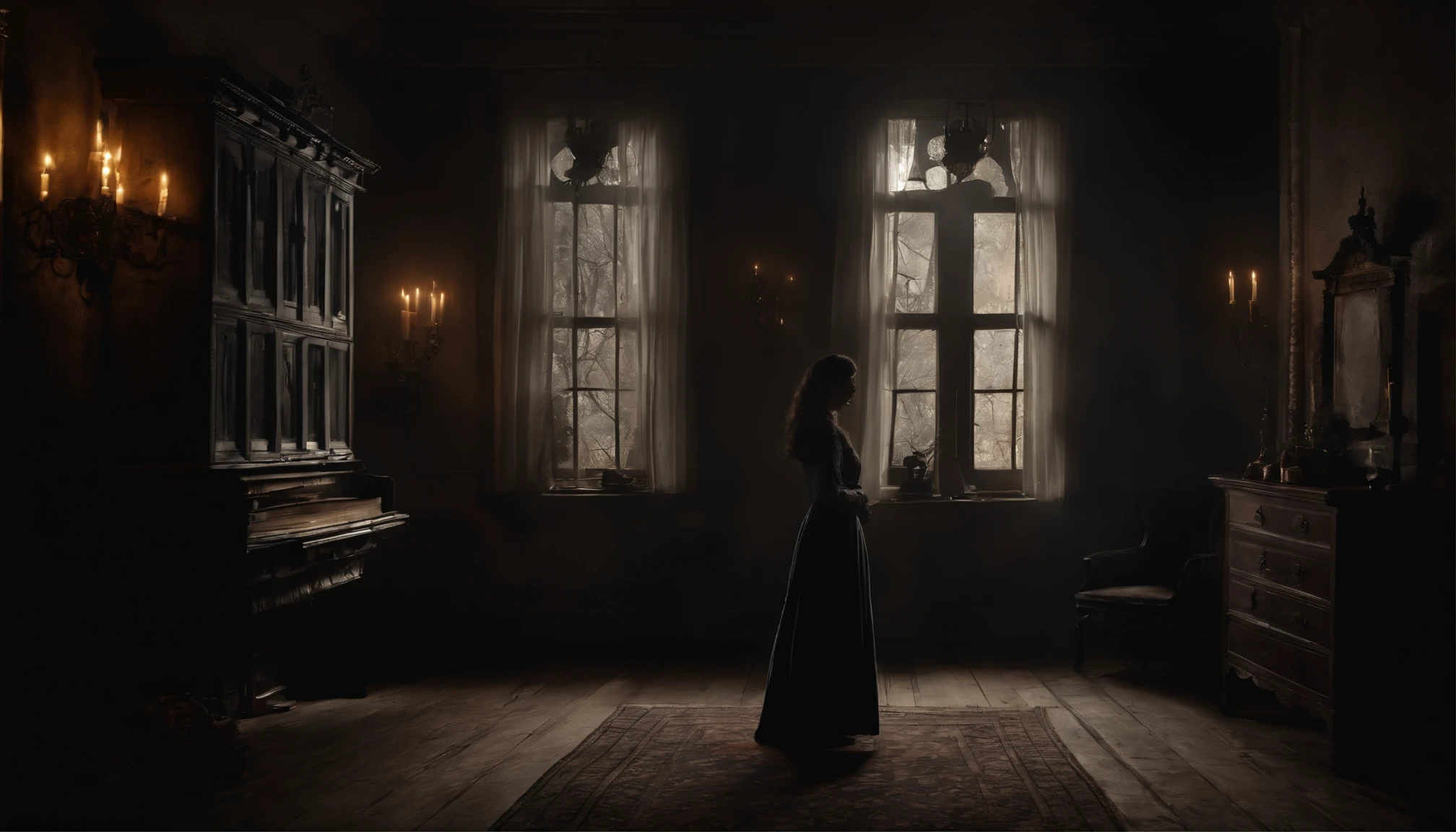 ```(("Enigmatic Presence: Woman in a Dark and Spooky House")) in a mysterious and atmospheric composition. Depict a woman standing in the dimly lit interior of a spooky house, her silhouette shrouded in shadows. Capture the eerie ambiance, with flickering candlelight casting unsettling and enigmatic patterns on the walls. Emphasize the decaying state of the house – creaky floorboards, tattered curtains, and dust-covered furniture – adding to the haunted atmosphere. Convey a sense of trepidation and curiosity, as the woman bravely explores the enigmatic depths of the mysterious dwelling. Use an art style that exudes a sense of eerie luminosity and shadowy contrasts, employing (((subdued, desaturated colors and flickering light))) to create a visually captivating portrayal of the woman in the dark and spooky house, capturing the blend of fear and intrigue in the scene.
```