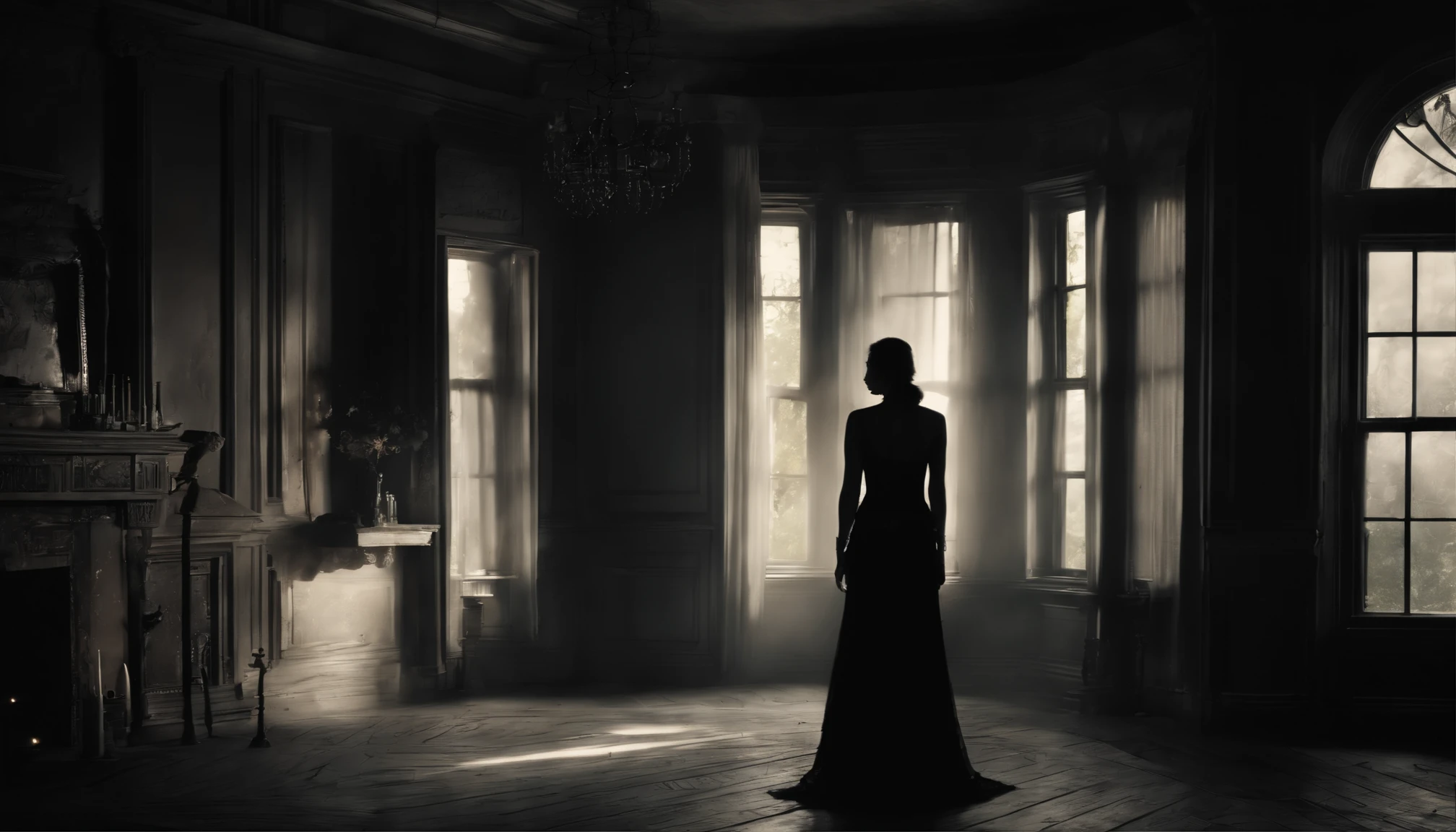 ```(("Enigmatic Presence: Woman in a Dark and Spooky House")) in a mysterious and atmospheric composition. Depict a woman standing in the dimly lit interior of a spooky house, her silhouette shrouded in shadows. Capture the eerie ambiance, with flickering candlelight casting unsettling and enigmatic patterns on the walls. Emphasize the decaying state of the house – creaky floorboards, tattered curtains, and dust-covered furniture – adding to the haunted atmosphere. Convey a sense of trepidation and curiosity, as the woman bravely explores the enigmatic depths of the mysterious dwelling. Use an art style that exudes a sense of eerie luminosity and shadowy contrasts, employing (((subdued, desaturated colors and flickering light))) to create a visually captivating portrayal of the woman in the dark and spooky house, capturing the blend of fear and intrigue in the scene.
```