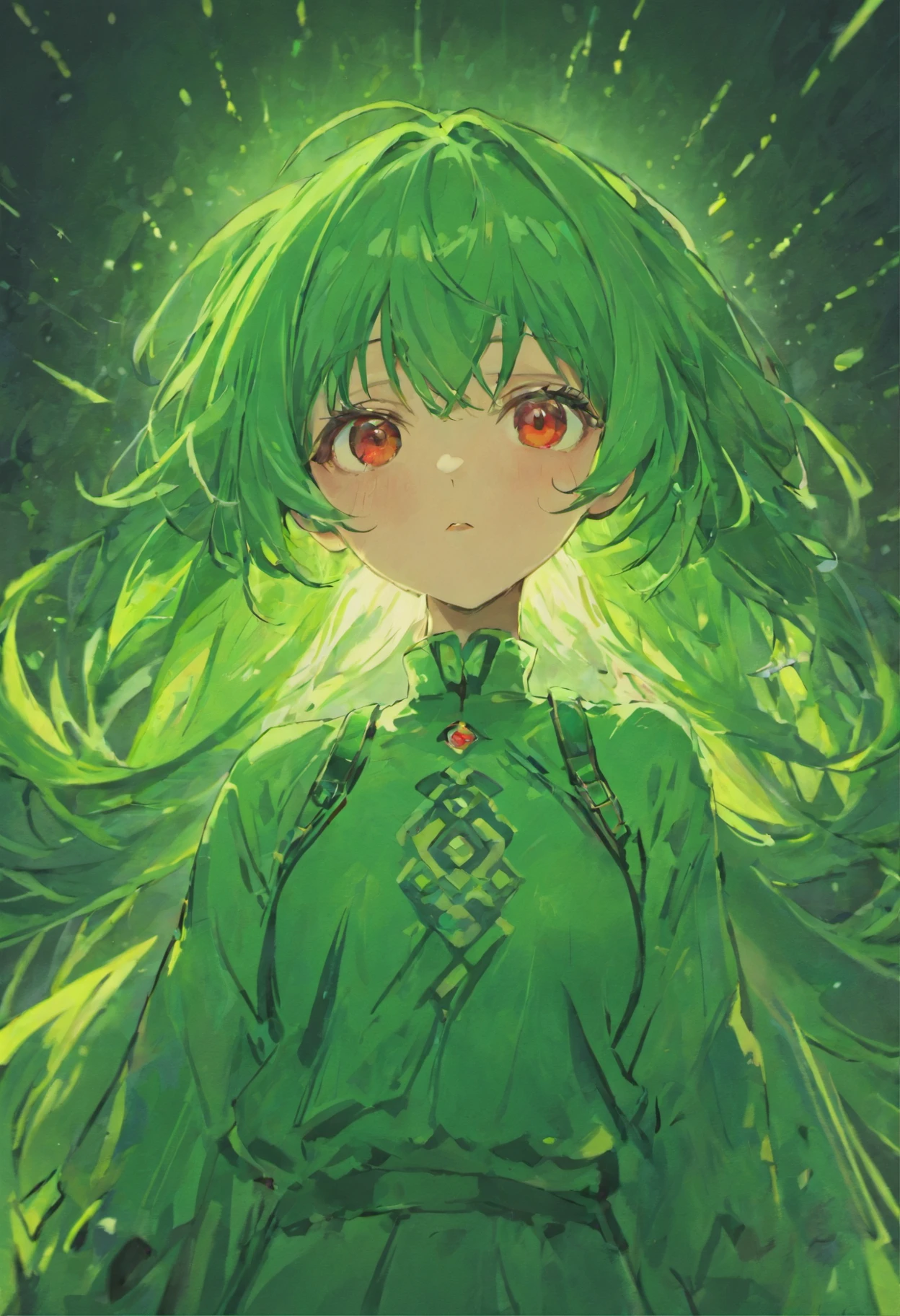 Green haired girl with red eyes