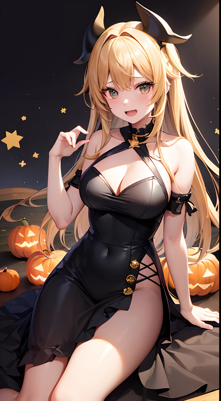 hight resolution、hightquality、ultra-detailliert、8k wallpaper、1人の女性、adult-like、Beautiful fece、Wearing a shark costume、Teeth are shark fangs、Kamimei、Melancholy is in the air、Lovers feeling、Be loved、Familiarity、Gold and black dress、Gold and black background、a blond、Sprinkled with Halloween pumpkins