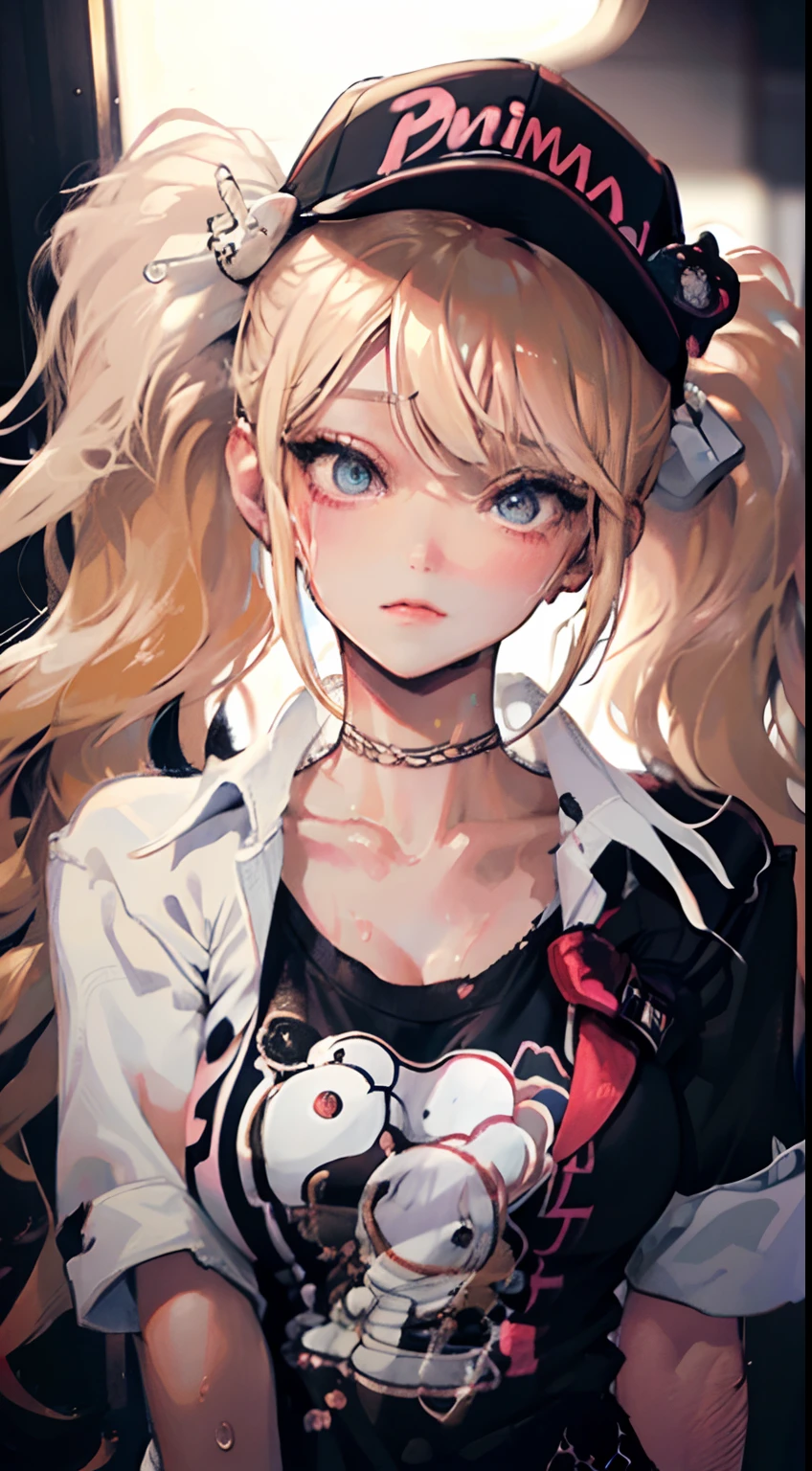 (1girl),large breasts, breasts, tan, dewy skin, sweaty skin, wavy blonde hair, punk tshirt, punk girl