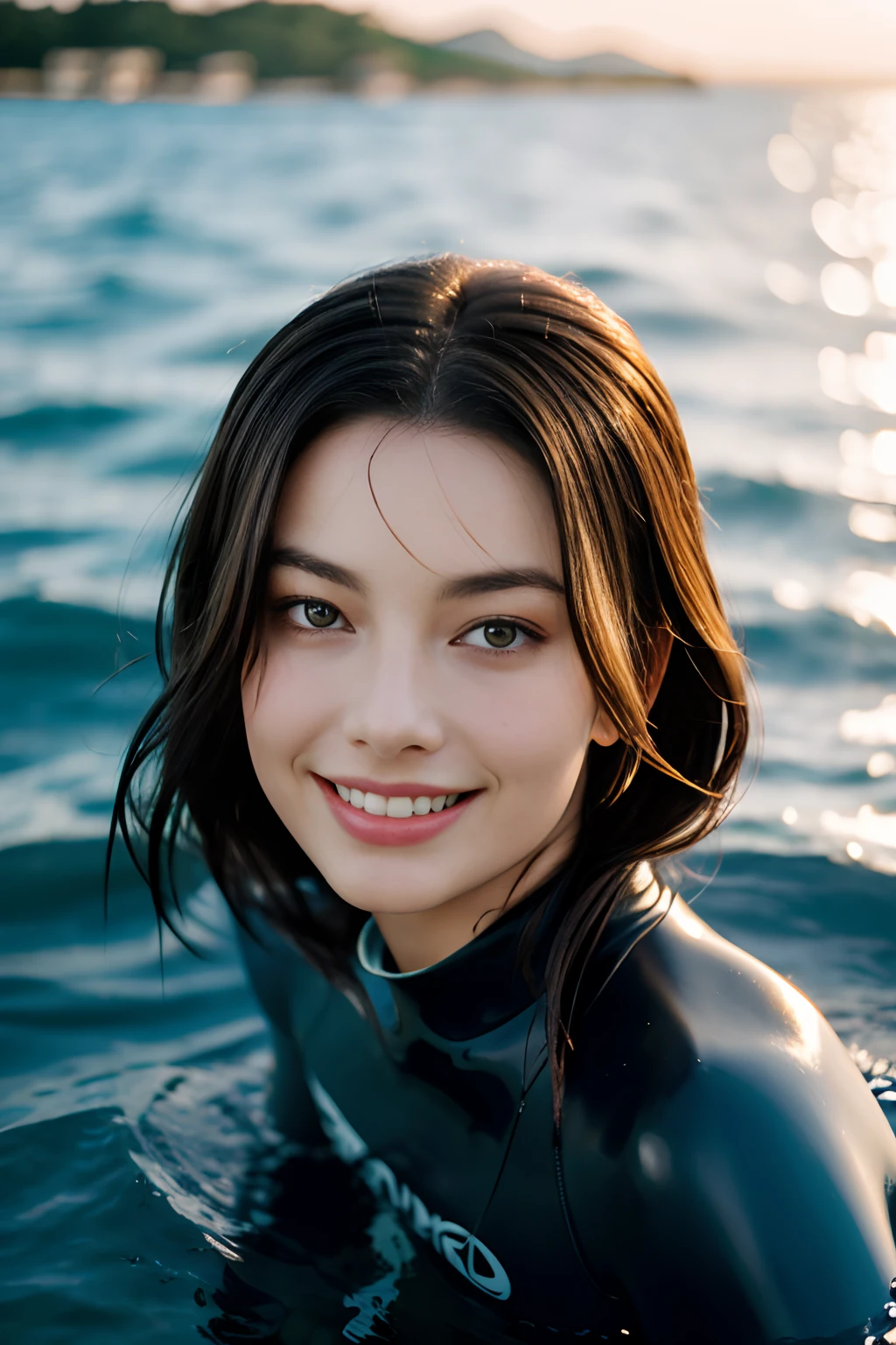 Margot Robbie, 1girl, portrait, face, depth of field, smile, wetsuit, sea, evening, afloat, waves,