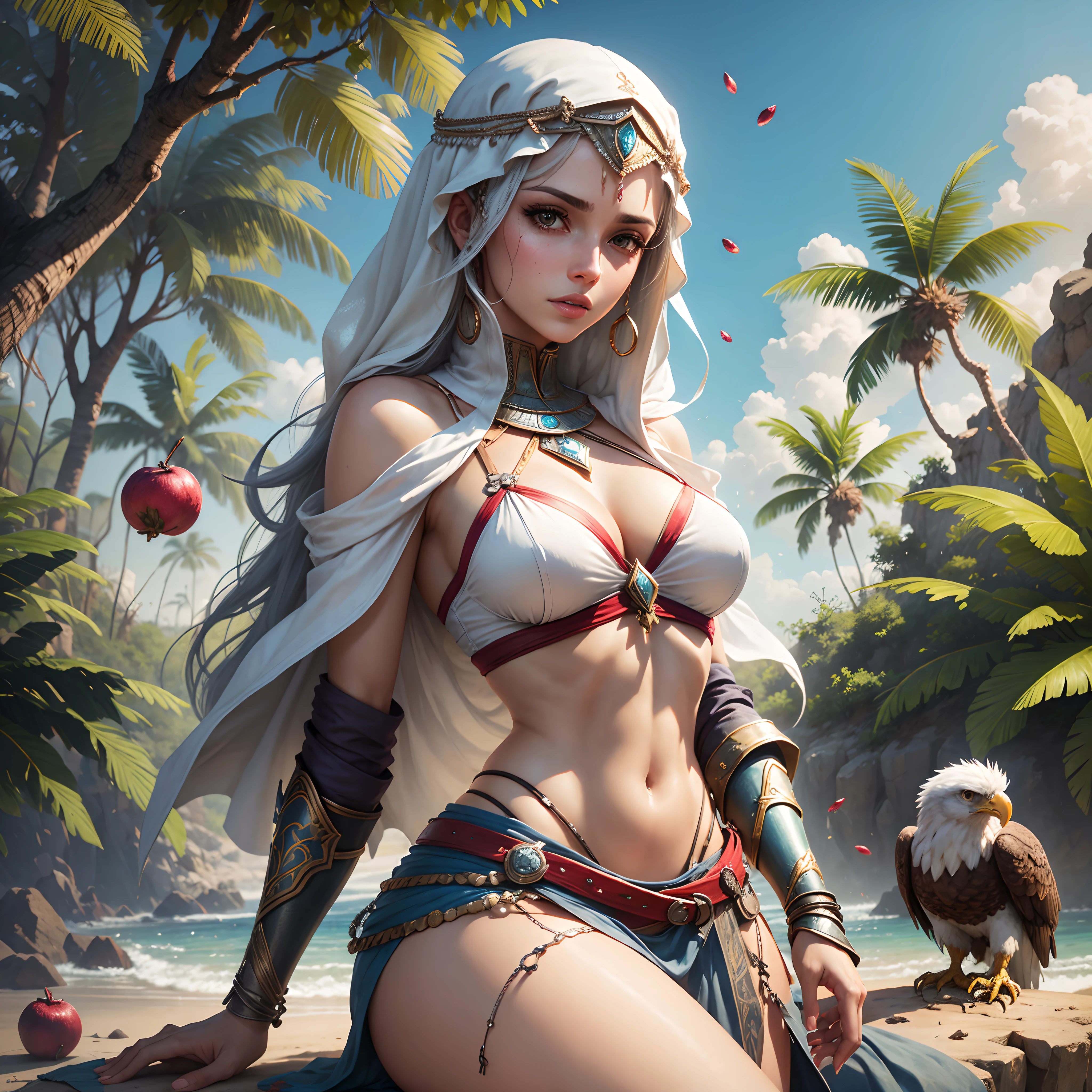 Crie uma imagem que destaque a beleza de Kassandra, personagem feminina do jogo 'Assassin's Creed', along with your eagle companion in a setting evocative of the game, nas belas praias de areias brancas, with pomegranate trees laden with fruits, ela aparece de corpo inteiro na beira da praia