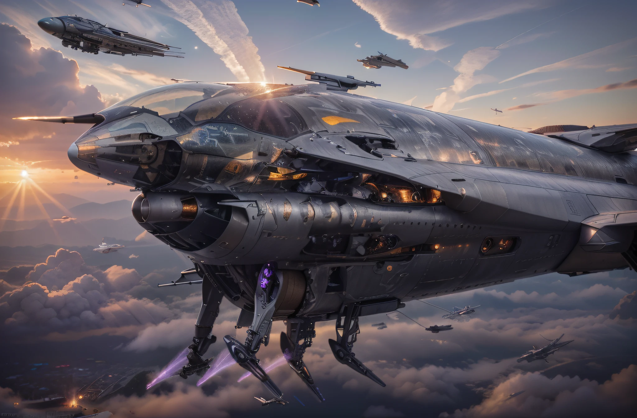 futuristic aircraft Biomechanical metallic, gray color with purple details, shoots laser rays, beautiful sunset, Ultra detailed, Hyper realistic, 4k, Ultra detailed image, realistic, Highly detailed, perfect composition, beautiful intricately detailed incredibly detailed, 8K fine art photography, hyper detailed, Masterpiece