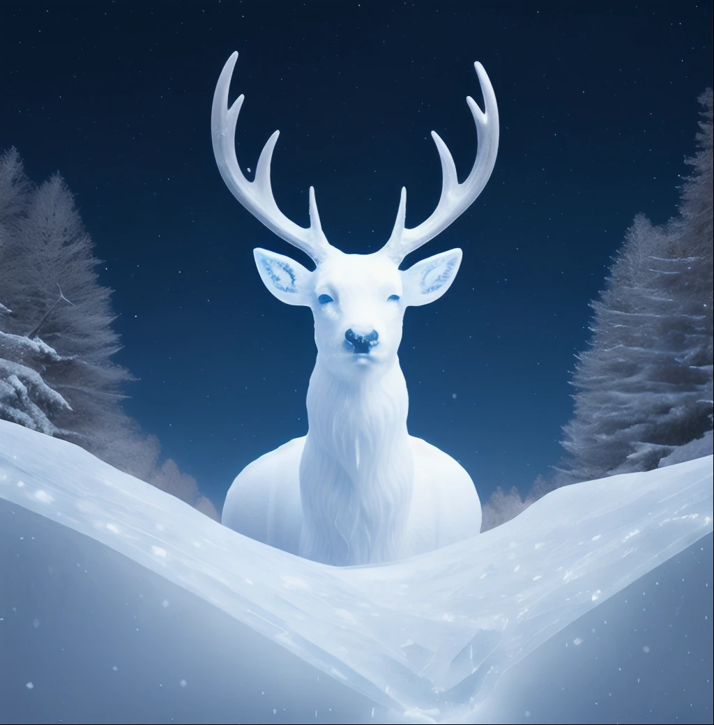 In the ice and snow, the crystal deer looks up to the sky