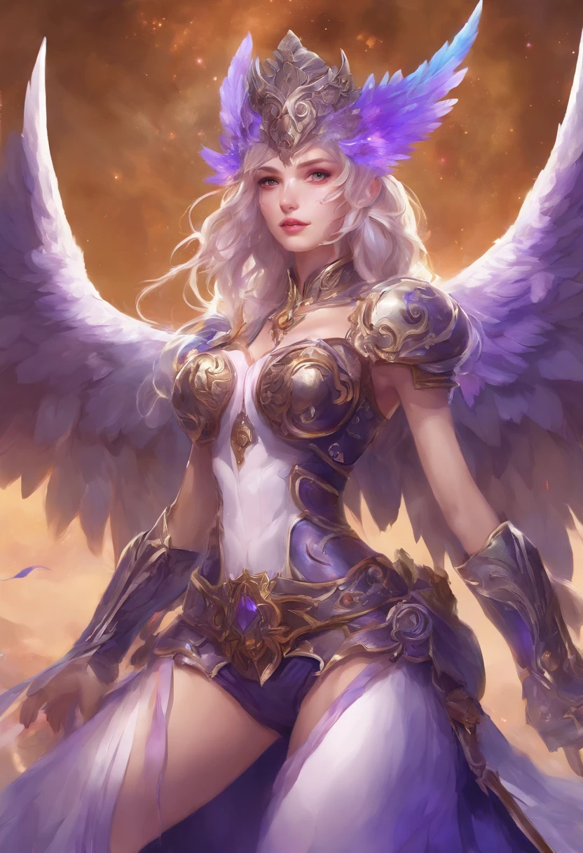 (masterpiece, top quality, best quality, official art, beautiful and aesthetic:1.2), (1girl:1.3), extremely long curly golden hair, extremely detailed, portrait, looking at viewer, solo, (full body:0.6), detailed background, close up, (cool science fiction space theme:1.1), extremely busty valkyrie, charlatan, mysterious, shooting lasers in space, cybernetic angel, huge feathered wings, chrome boob armor, dark purple streamers and skirts and sleeves and knee wrappings, cybernetic implants, mechanical hand, laser cannon, arm cannon, revealing chrome armor, bare midriff, glowing laser energy, halo, intricate armor, ornate chrome armor, sheer white fabric, elegant purple fabric, skirts, streamers, cowl, boots, bracers, ((((gigantic breasts)))), slim waist, slim hips, long legs, athletic, SPACE, futuristic moon, (space exterior:1.1) background, dark mysterious lighting, shadows, magical atmosphere, dutch angle