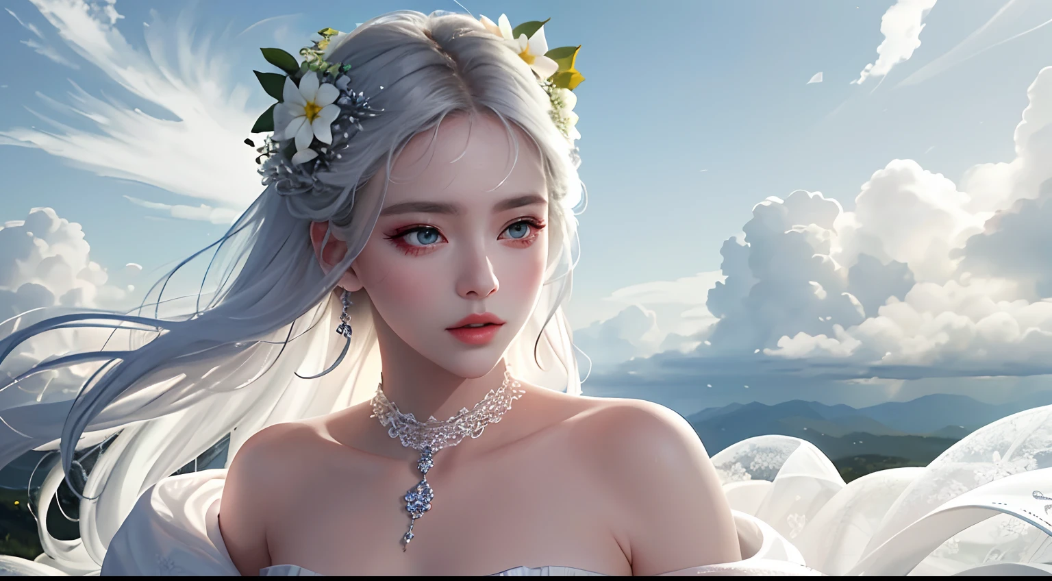8K high-definition，Look down from above，A sea of flowers，A variety of beautiful wildflowers，Dale，realistic visual effects，attractive beautiful，​​clouds，White clouds fill the sky，Gentle lighting，Delicate warmth，the soft light，hyper HD， Extremely colorful，best qualityer，perfect female shape，HighDynamicRange，long eyelasher，Unbeatable masterpiece，Snow-whiteskin，putting makeup on， Sexy goddess，Strange sky，A pair of big eyes are beautiful and moving，White skin，Makeup，Sexy outfit，，Sexy goddess，Sexy outfit，Wear white lace，With silver，