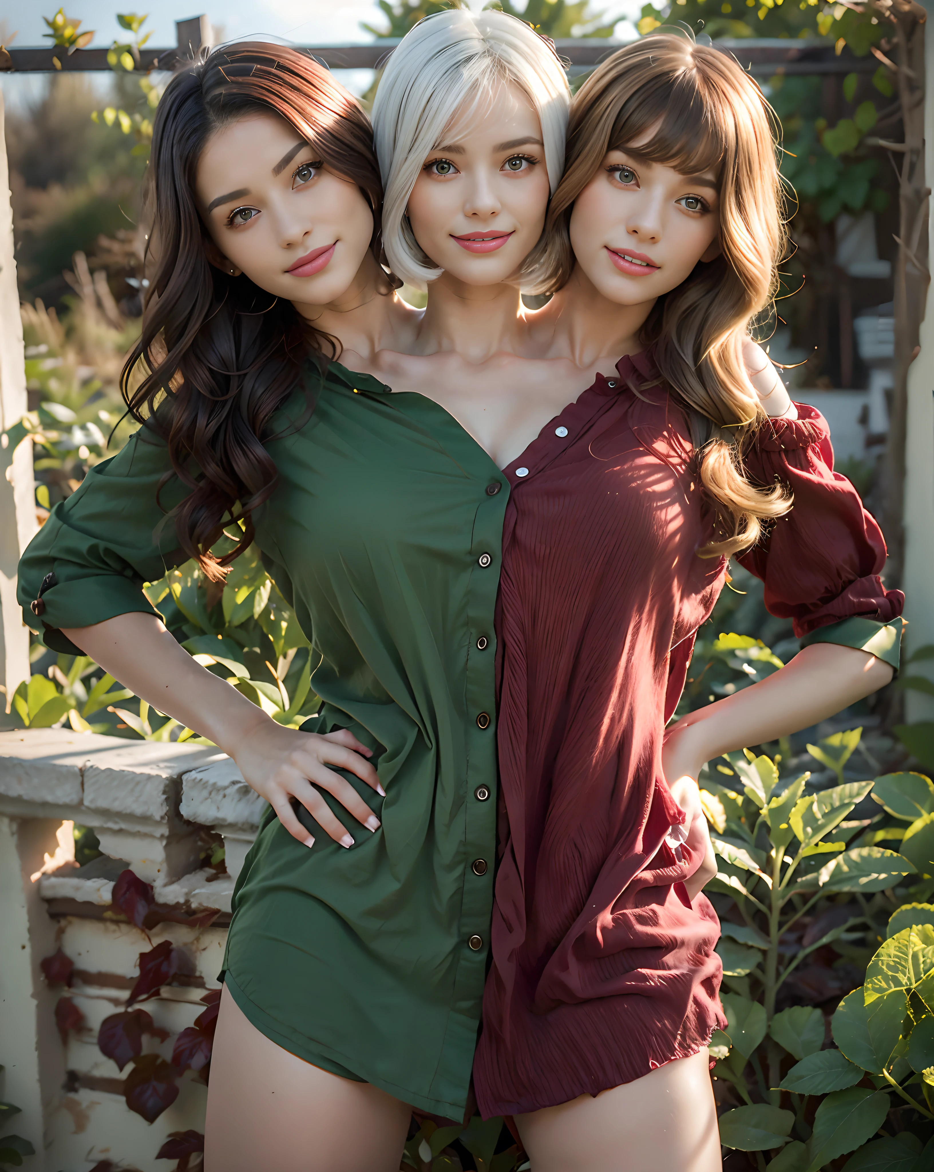 best resolution, girl with two heads, differenthairstylesd, different haircolor, green and red top, , garden fence background