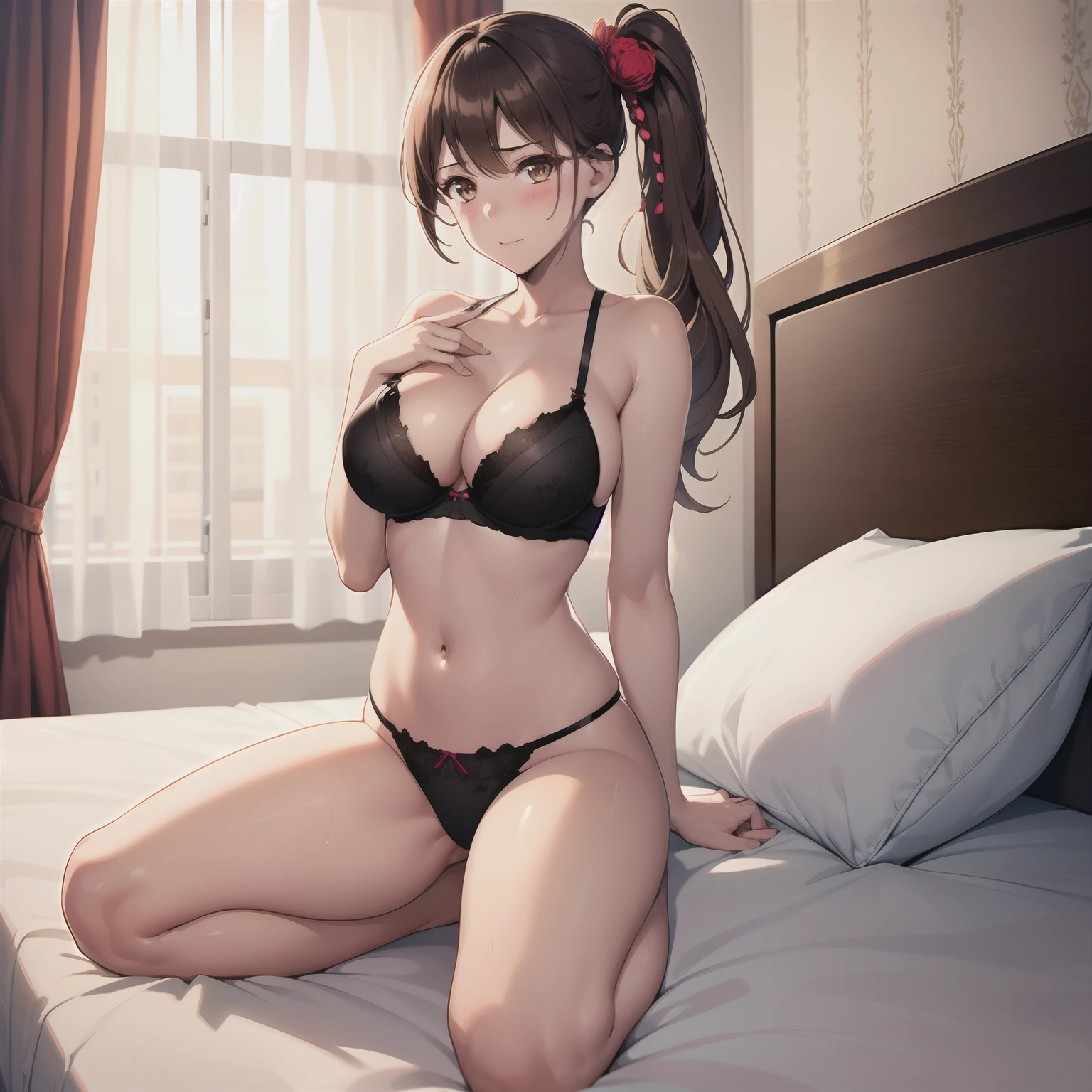 1girl,big breasts,hotel room,(8k),scratches,detailed face,brown hair,brown eyes,very long hair,embarassed,shy,blush, high_res, high_definition,sexy pose,black sexy lingerie,full body,side ponytail,hair ornament,