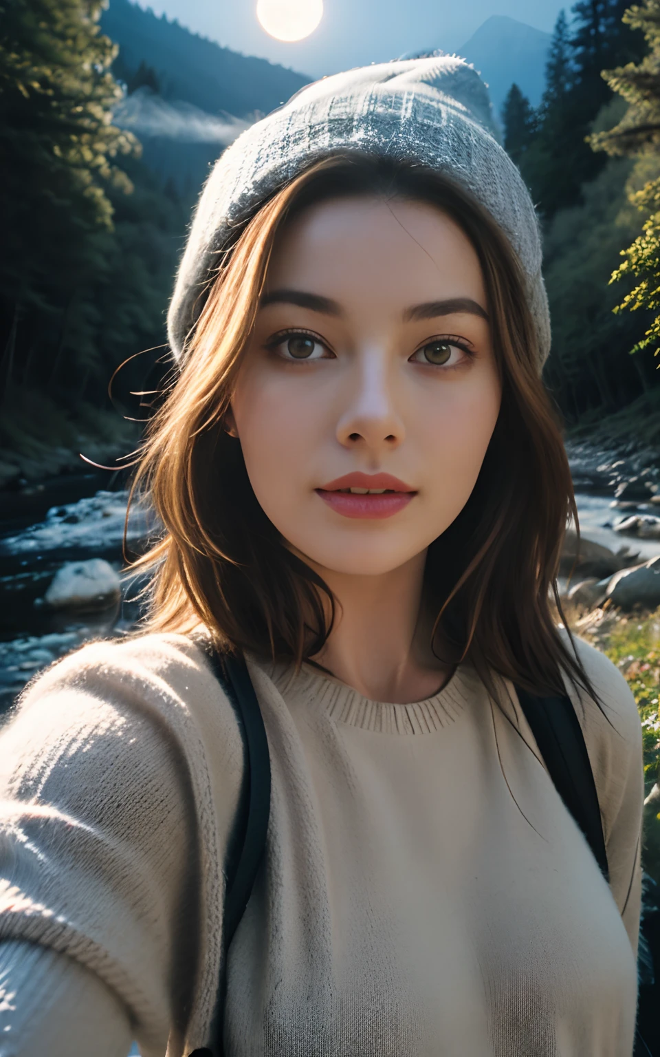 Margot Robbie, photorealistic, best quality, hyper detailed, beautiful woman, selfie photo, upper body, solo, wearing pullover, outdoors, (night), mountains, real life nature, stars, moon, (cheerful, happy), sleeping bag, gloves, sweater, beanie, flashlight, forest, rocks, river, wood, smoke, fog, clear sky, analog style, looking at viewer, skin texture, film grain, close up, ultra high res, best shadow, RAW, instagram LUT