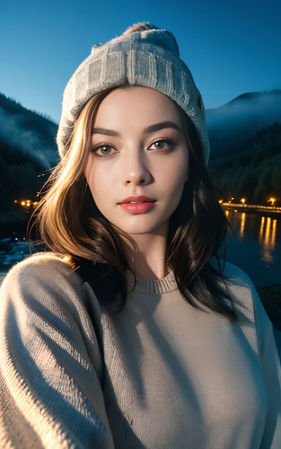 Margot Robbie, photorealistic, best quality, hyper detailed, beautiful woman, selfie photo, upper body, solo, wearing pullover, outdoors, (night), mountains, real life nature, stars, moon, (cheerful, happy), sleeping bag, gloves, sweater, beanie, flashlight, forest, rocks, river, wood, smoke, fog, clear sky, analog style, looking at viewer, skin texture, film grain, close up, ultra high res, best shadow, RAW, instagram LUT