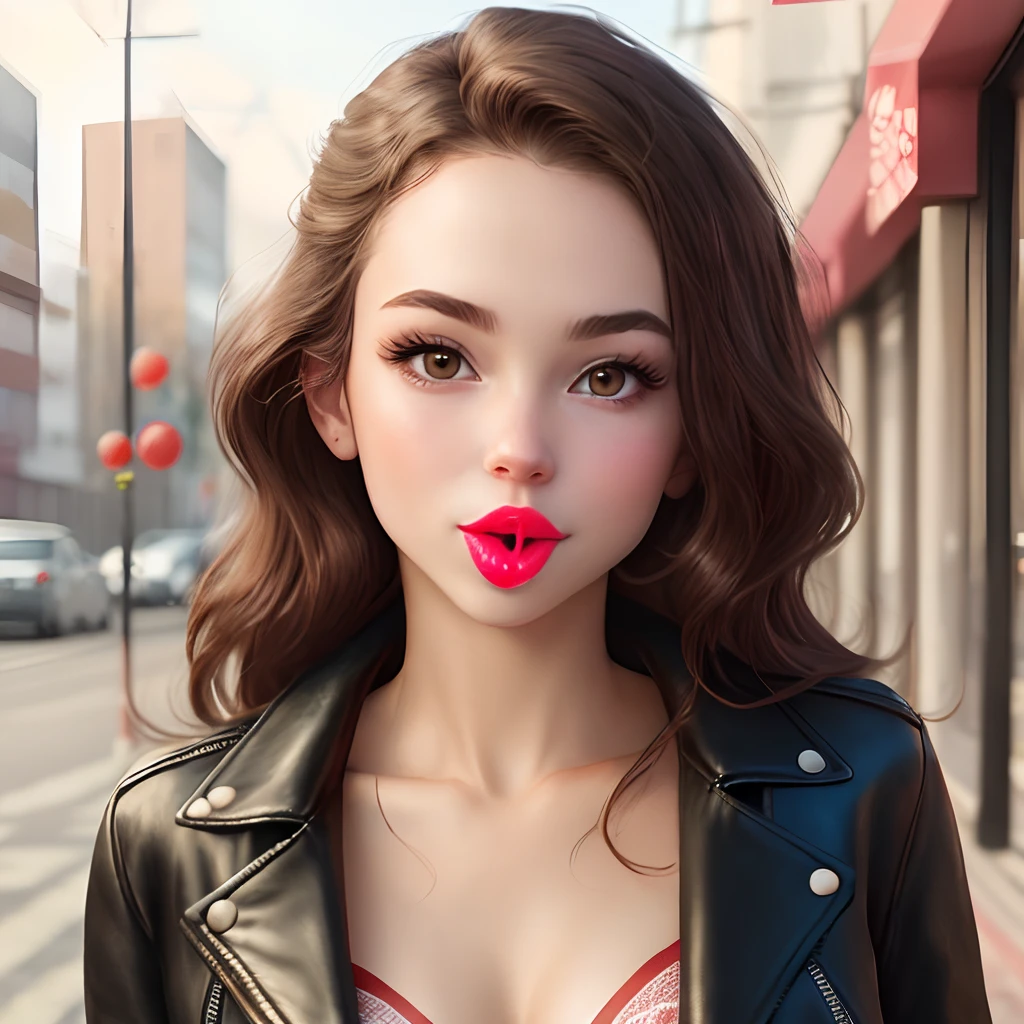 Girl wearing only a bra and leather jacket licking a lollipop with bright red lipstick