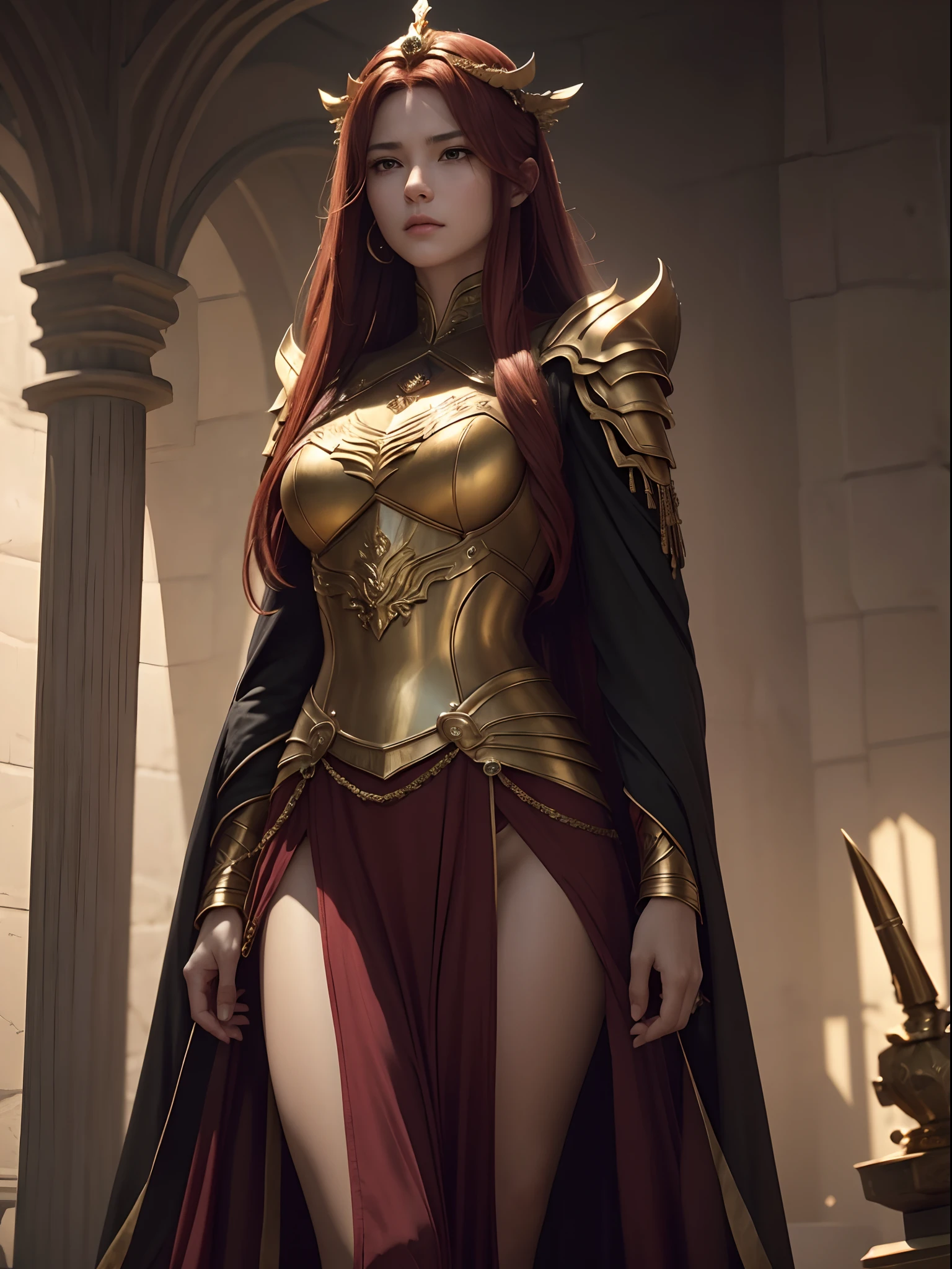 Gold and red tones、Fantasia、Babylonia、the wind、Heroic figures on the battlefield、Best Quality, Very high resolution, 4K Detail CG, master piece、aesthetics、Mysterious、Queen of Thrones、Charisma、Ishtar, Goddess of War、Increase your fighting spirit、Invincible Great General、Be brave and bold、brave、great、rigor、Awe-inspiring Hall々、glorias、Prestige、Veteran Hero、An unparalleled beauty with a sharp gaze、Rin々Right、Guardians of Lions、refinement、noble、Proud、Wearing noble jewelry、Equip your weapons、The appearance is luxurious and golden armor、cloaks、tall and slender、Long hair with fiery red hair、thirds rule、Perfect Angle、perfect-composition、low angles、Perfect light and shadow contrast、(((masterpiece)))、(((top-quality)))、((ultra-definition))、(High Definition CG Illustration)、((extremely delicate and beautiful))、Cinematic Light、)