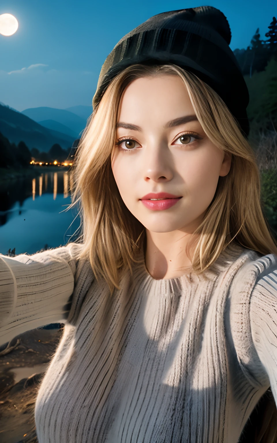 Margot Robbie, photorealistic, best quality, hyper detailed, beautiful woman, selfie photo, upper body, solo, wearing pullover, outdoors, (night), mountains, real life nature, stars, moon, (cheerful, happy), sleeping bag, gloves, sweater, beanie, flashlight, forest, rocks, river, wood, smoke, fog, clear sky, analog style, looking at viewer, skin texture, film grain, close up, ultra high res, best shadow, RAW, instagram LUT