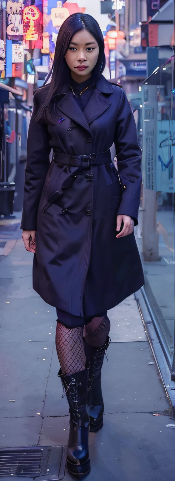 Woman, Blue city backround, Purple long overcoat, Black sweater inside, purple long overcoat outside, Fishnet stockings , Black boots, serious face, asian Serious face, asian, chinese, Adult Face, Very serious, A Woman, Strict woman, mystrious, angry, Tiger eyes, Angry EYES, make it more Mysterious, Anger, Night Backround