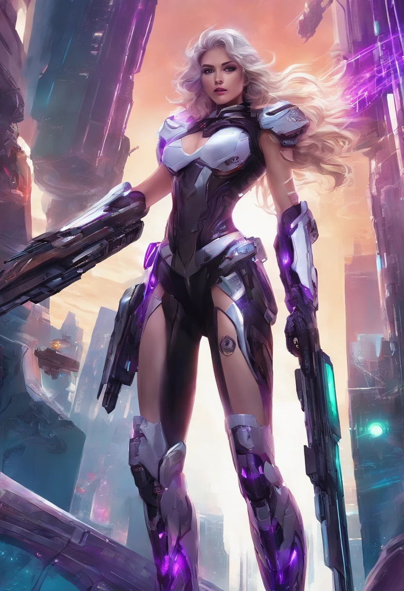 Luciwilde is a sexy cyborg with a entirely electric purple metallic body(obviously mechanical), metal helmet stylized as a fashion model hairdo (no hair visible), and a completely human face. She is flying through space propelled by jets in her feet. She has a guitar with a laser rifle built into it. Full body shot, show all of her, action pose with her weapon, best quality, extreme attention to detail, beautiful face