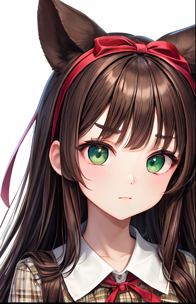 girl with、No background、without background、Background through、brown haired、Brown hair、Twin-tailed、Double knot、Subject bangs、Pattsun bangs、Aligned bangs、Sareme、Saggy eyebrows、Takuambi、Marovi、Round eyebrows、Green eyes、green colored eyes、bow ribbon、frilld、Brown plaid dress、Brown plaid clothes、autumnal、kawaii、No background、