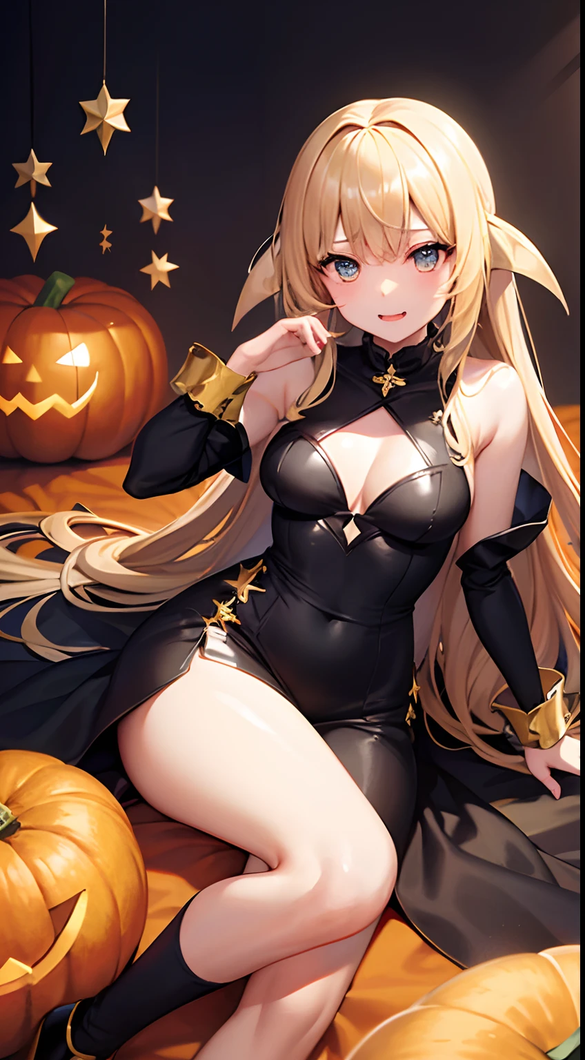 hight resolution、hightquality、ultra-detailliert、8k wallpaper、1人の女性、adult-like、Beautiful fece、Wearing a shark costume、Teeth are shark fangs、Kamimei、Melancholy is in the air、Lovers feeling、Be loved、Familiarity、Gold and black dress、Gold and black background、a blond、Sprinkled with Halloween pumpkins、opulent、Less exposure