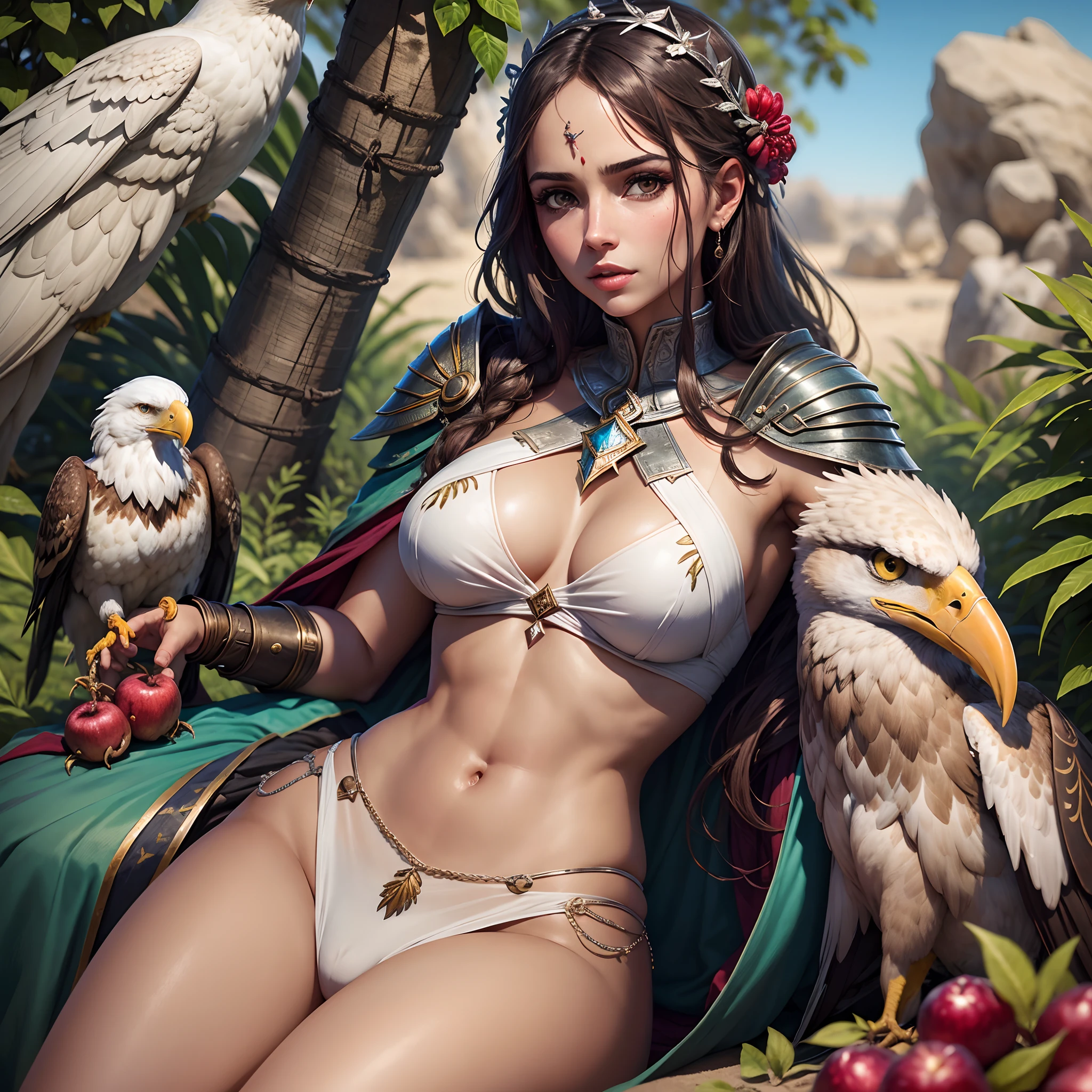 Crie uma imagem que destaque a beleza de Kassandra, personagem feminina do jogo 'Assassin's Creed', along with your eagle companion in a setting evocative of the game, nas belas praias de areias brancas, with pomegranate trees laden with fruits, ela aparece de corpo inteiro na beira da praia