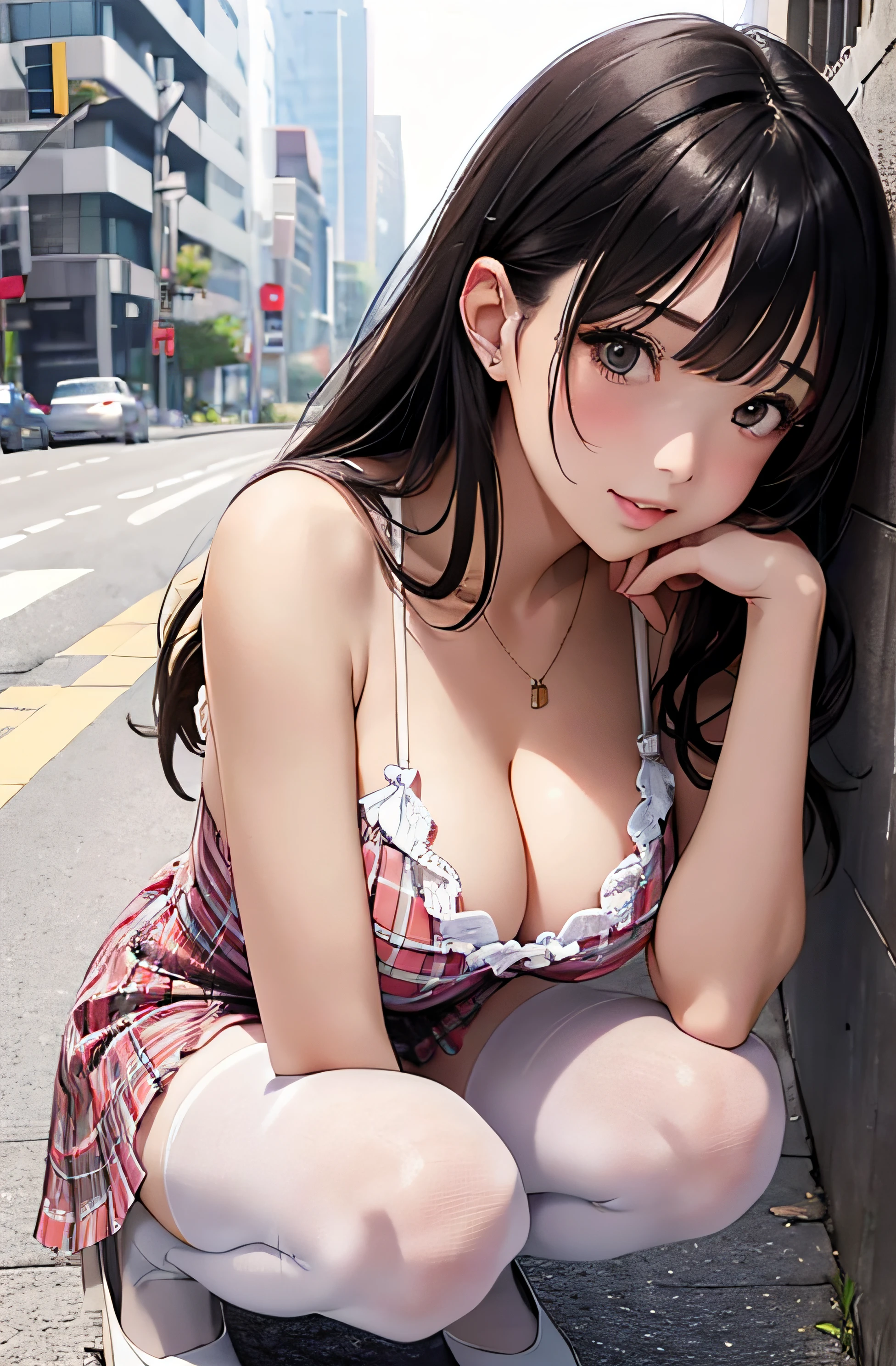 girl in summer clothes, white tight plaid dress, squatting on the ground, black pantyhose or long stockings, making as if she wants to kiss you, view from the viewer, medium breasts, cleavage, cityscape, flirtatious look, ((very detailed)), (perfectly detailed face), (well detailed hand) photorealistic image.