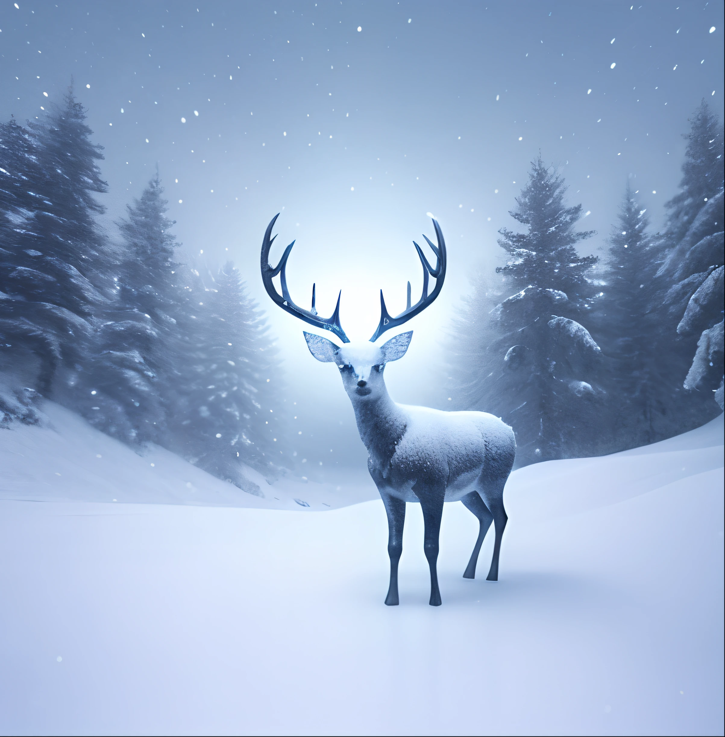 In the ice and snow, the crystal deer looks up to the sky